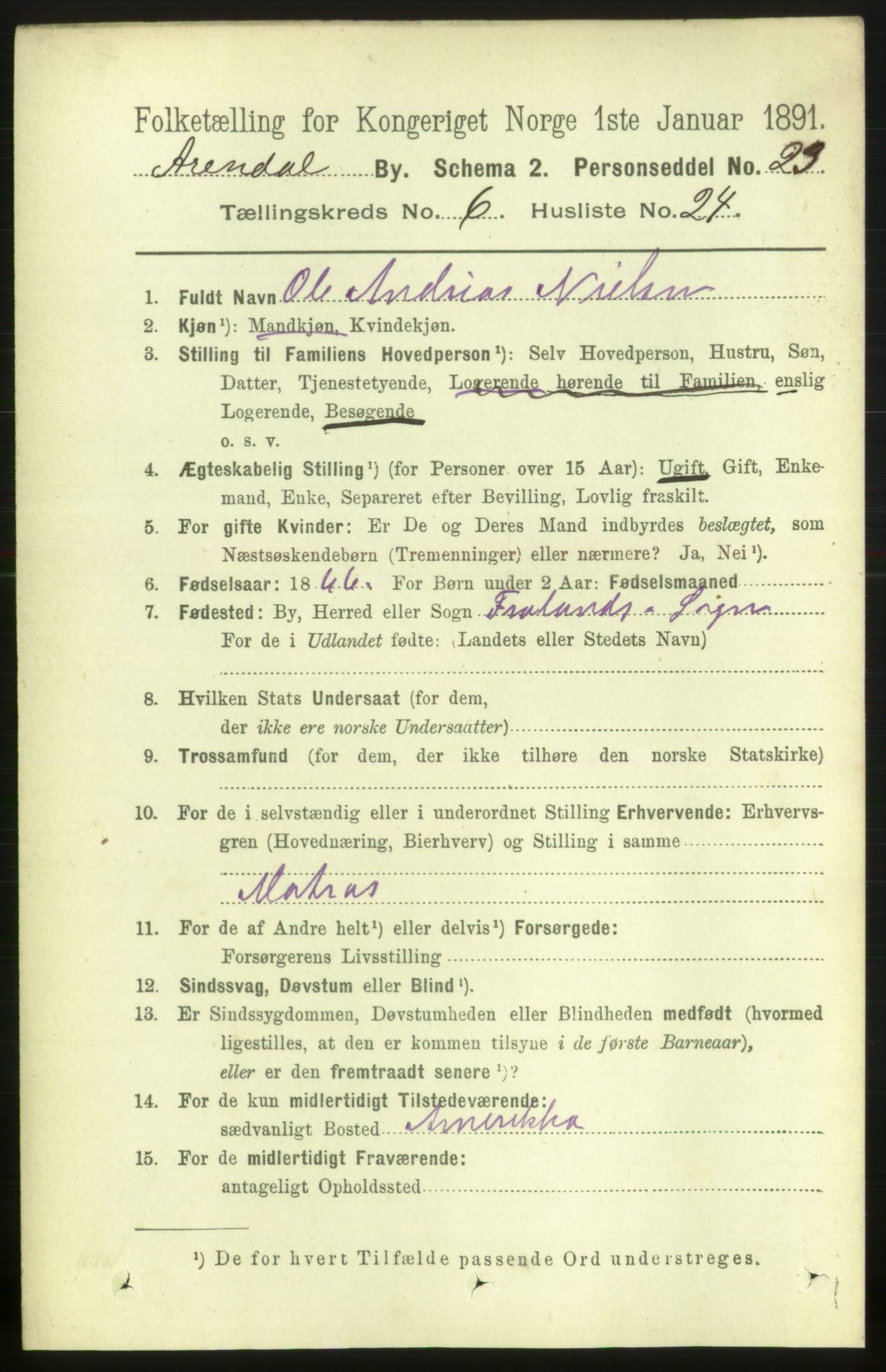 RA, 1891 census for 0903 Arendal, 1891, p. 2409