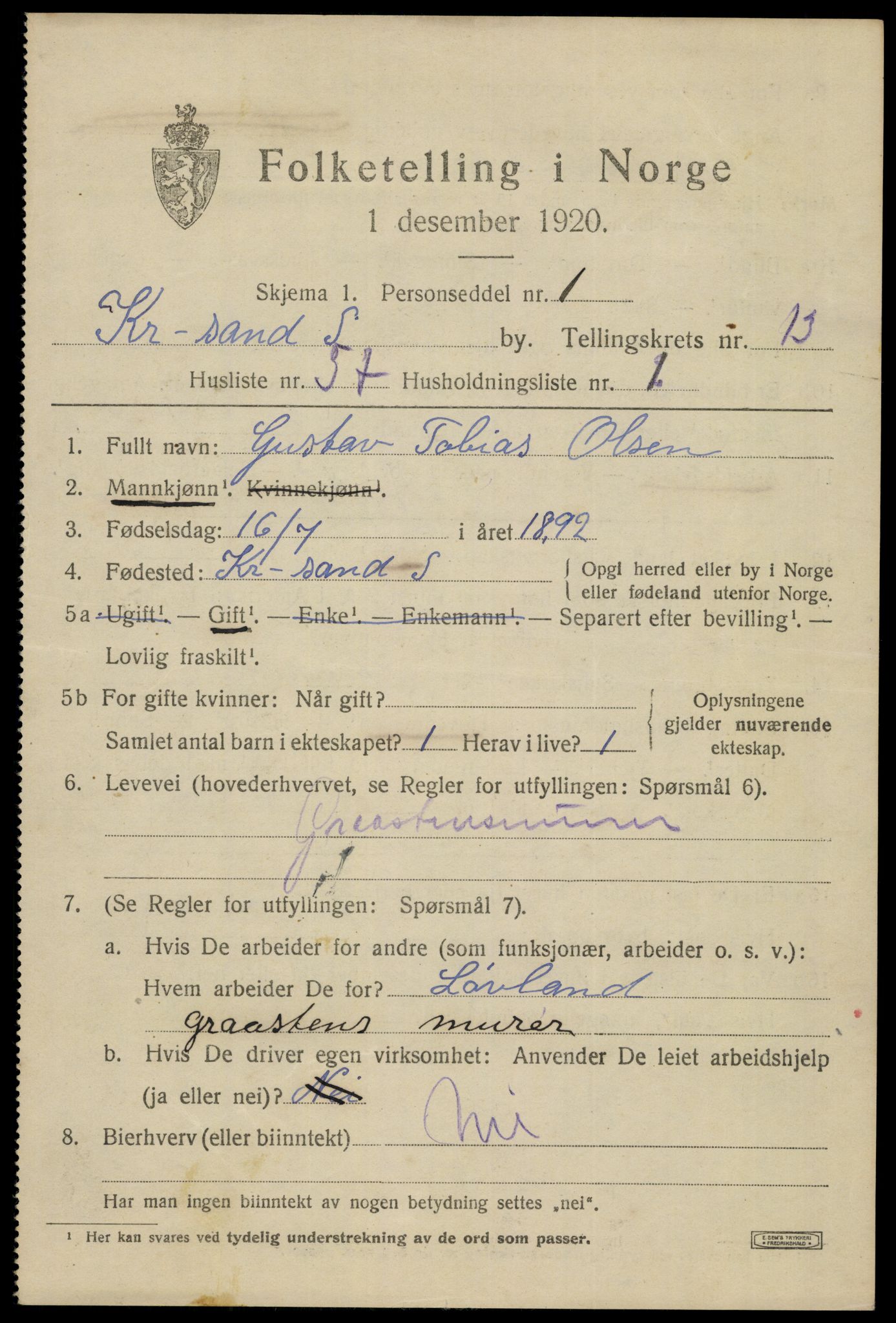 SAK, 1920 census for Kristiansand, 1920, p. 28271