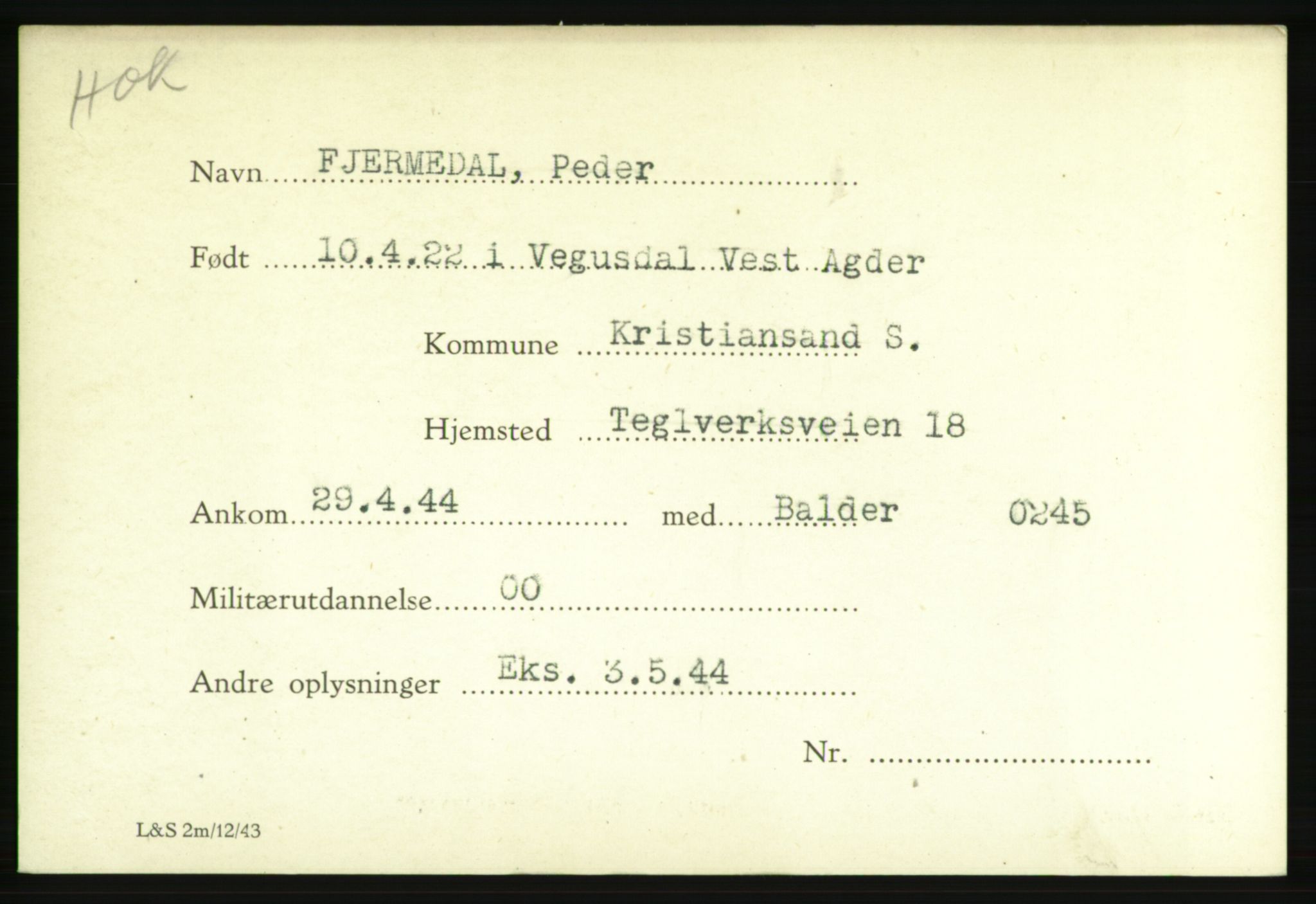 Forsvarets Overkommando. 2. kontor. Arkiv 8.1. Mottakersentralen FDE og FO.II, RA/RAFA-6952/P/Pa/L0006: Fjerdingstad - Græssmann, 1940-1945, p. 4