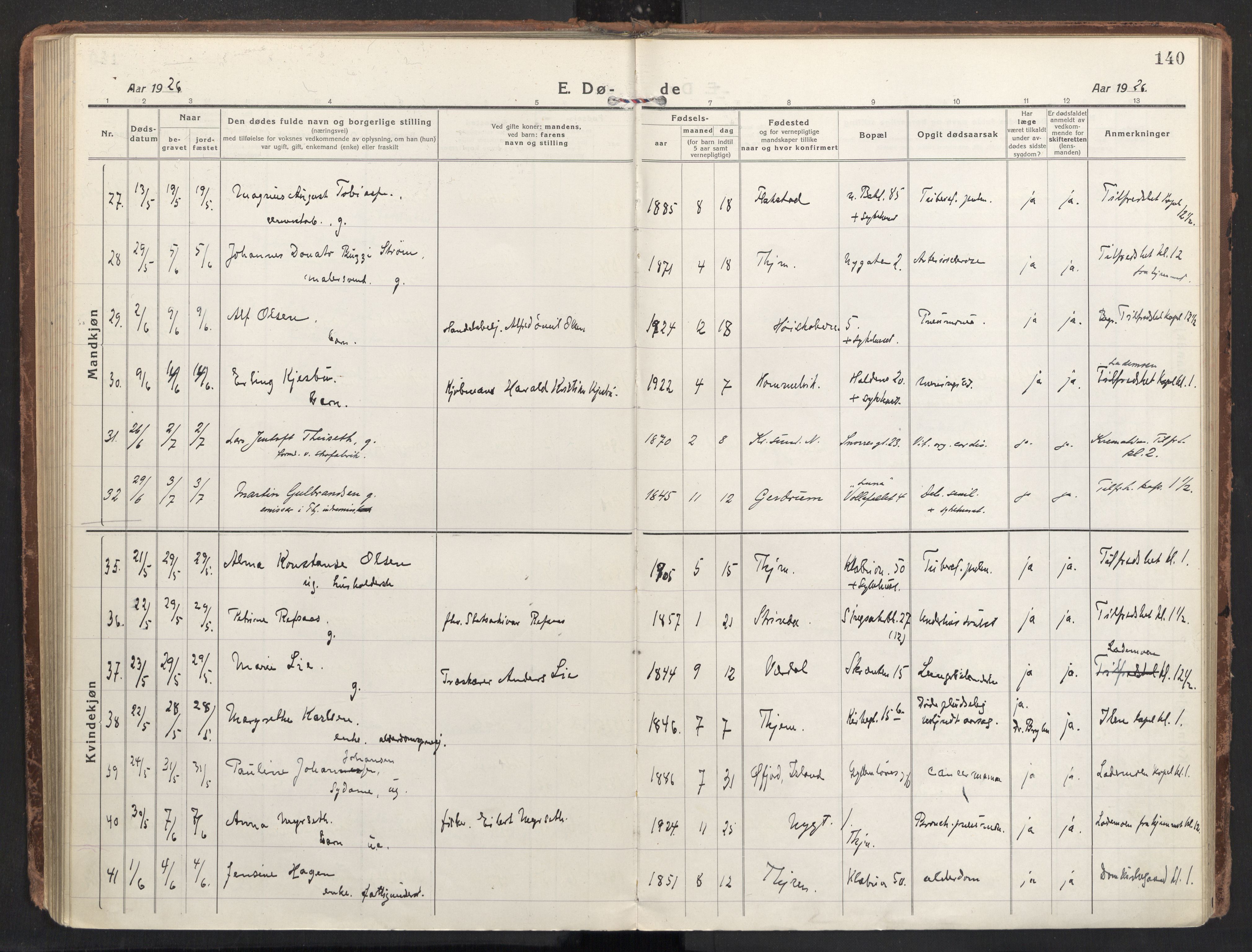 Ministerialprotokoller, klokkerbøker og fødselsregistre - Sør-Trøndelag, AV/SAT-A-1456/604/L0207: Parish register (official) no. 604A27, 1917-1933, p. 140