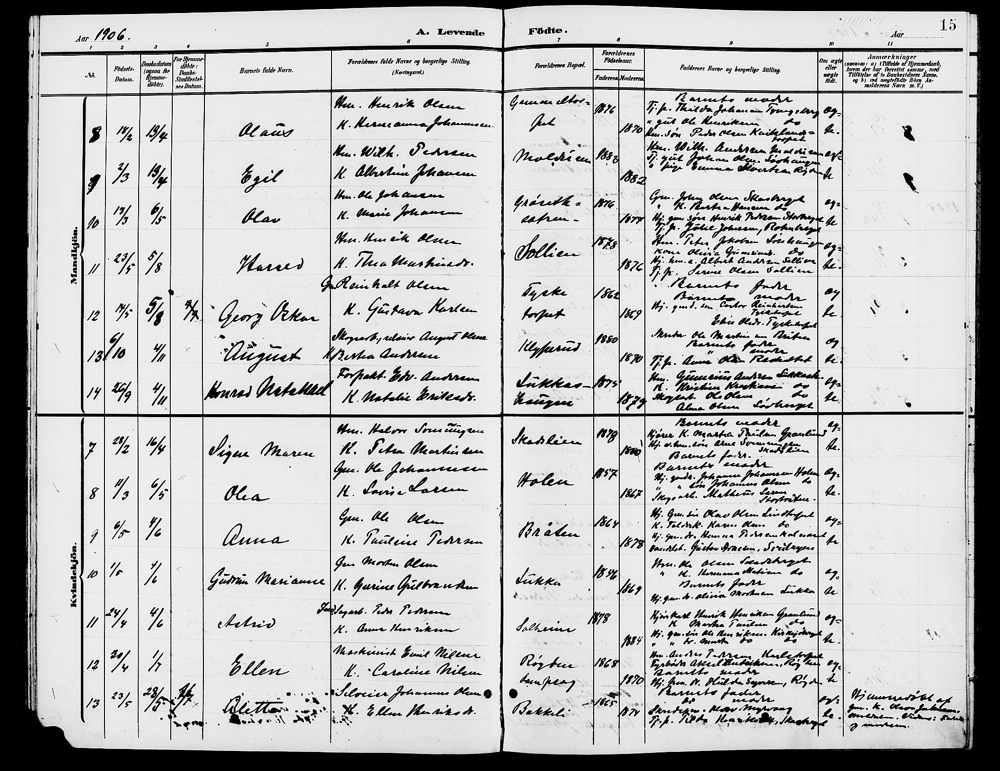 Grue prestekontor, AV/SAH-PREST-036/H/Ha/Hab/L0006: Parish register (copy) no. 6, 1902-1910, p. 15