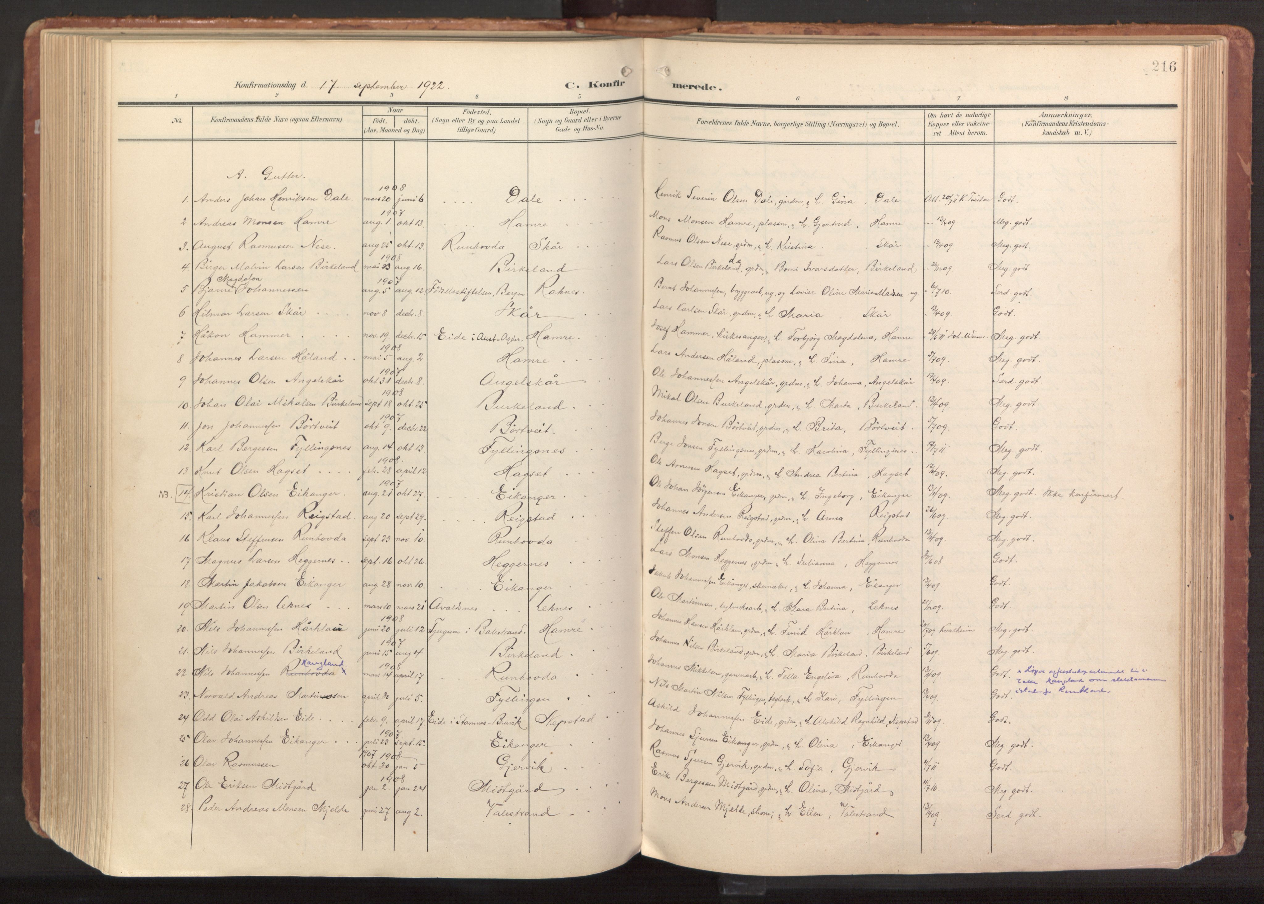 Hamre sokneprestembete, SAB/A-75501/H/Ha/Haa/Haab/L0002: Parish register (official) no. B 2, 1905-1924, p. 216