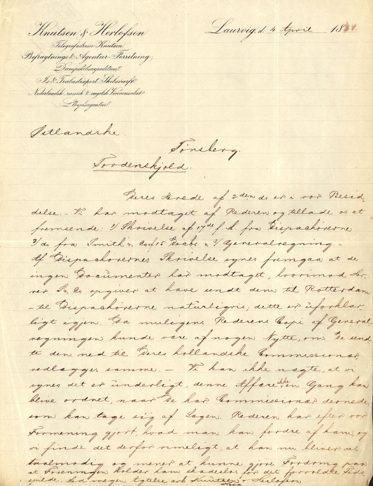 Pa 63 - Østlandske skibsassuranceforening, VEMU/A-1079/G/Ga/L0012/0005: Havaridokumenter / Tordenskjold af Bergen, 1880
