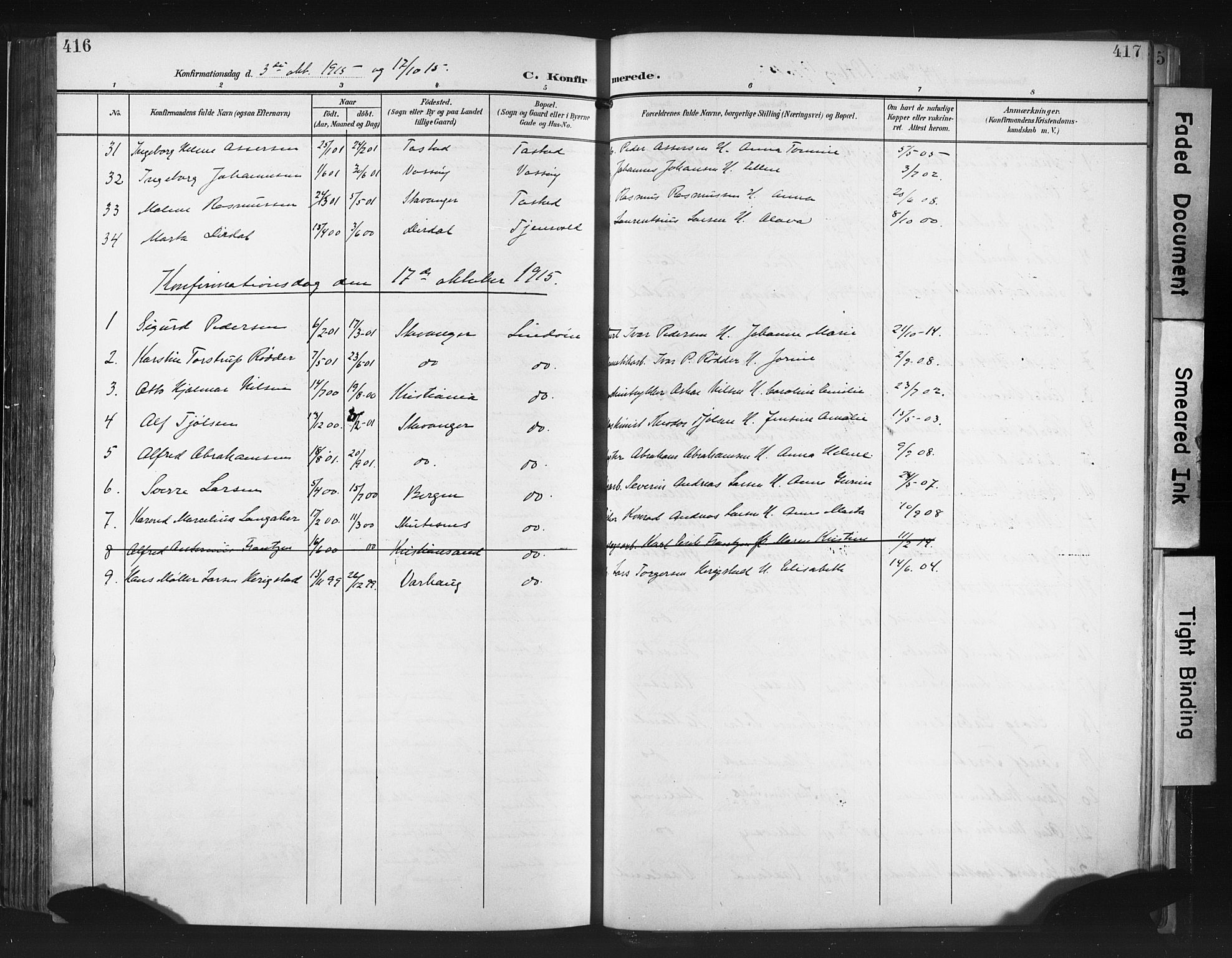 Hetland sokneprestkontor, AV/SAST-A-101826/30/30BA/L0013: Parish register (official) no. A 13, 1904-1918, p. 416-417