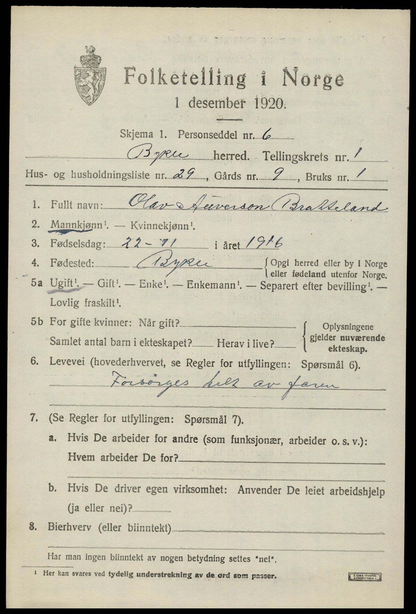 SAK, 1920 census for Bykle, 1920, p. 577