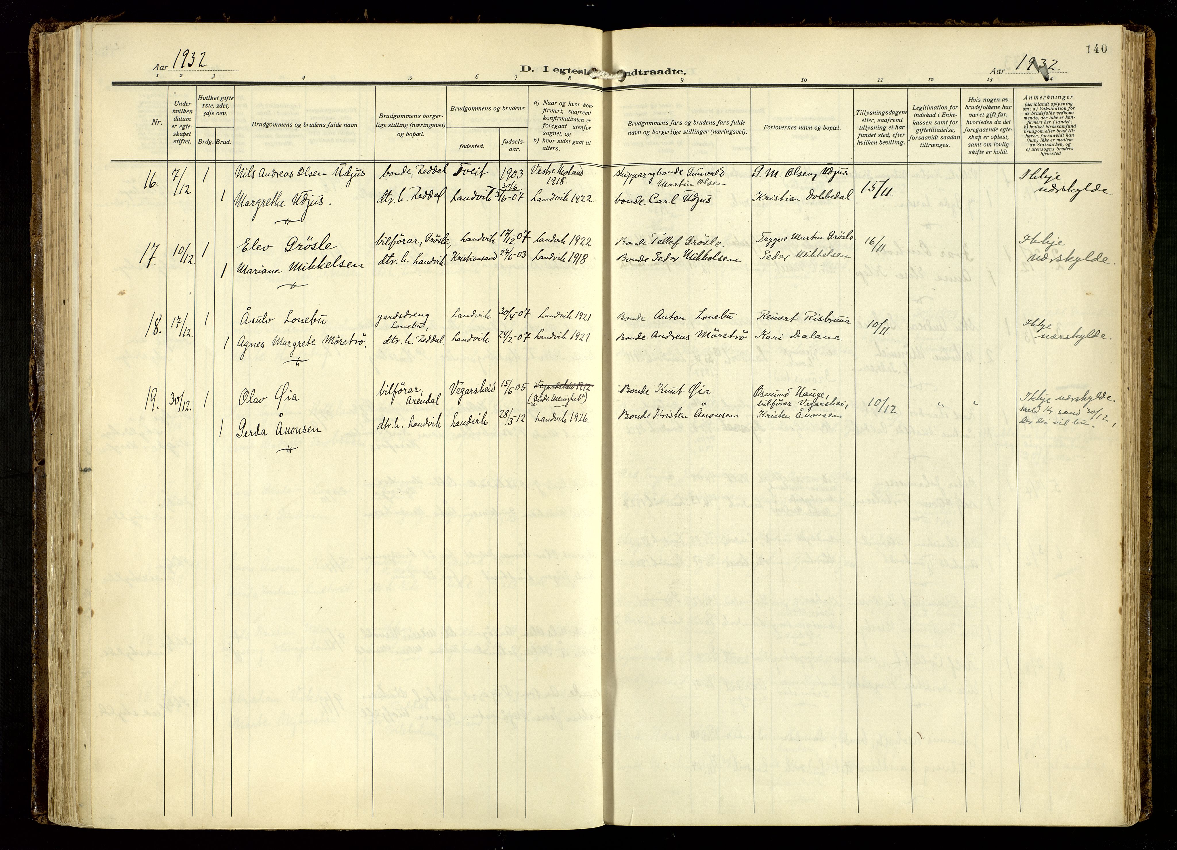 Hommedal sokneprestkontor, AV/SAK-1111-0023/F/Fa/Fab/L0008: Parish register (official) no. A 8, 1925-1956, p. 140