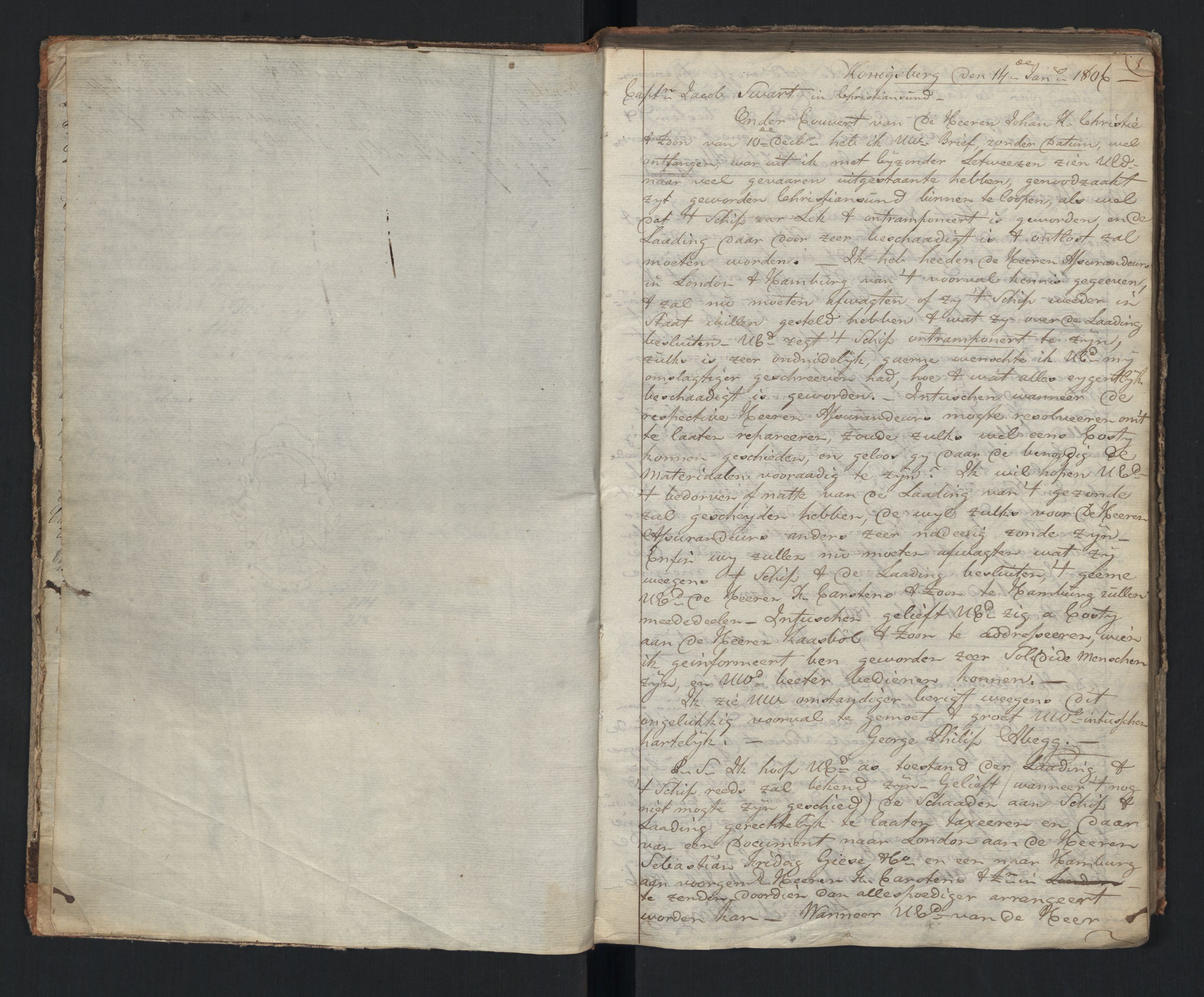 Hoë, Herman & Co, SAT/PA-0280/11/L0043: Kopibok for bl.a. brev til skippere i kapertiden, 1806-1825, p. 1