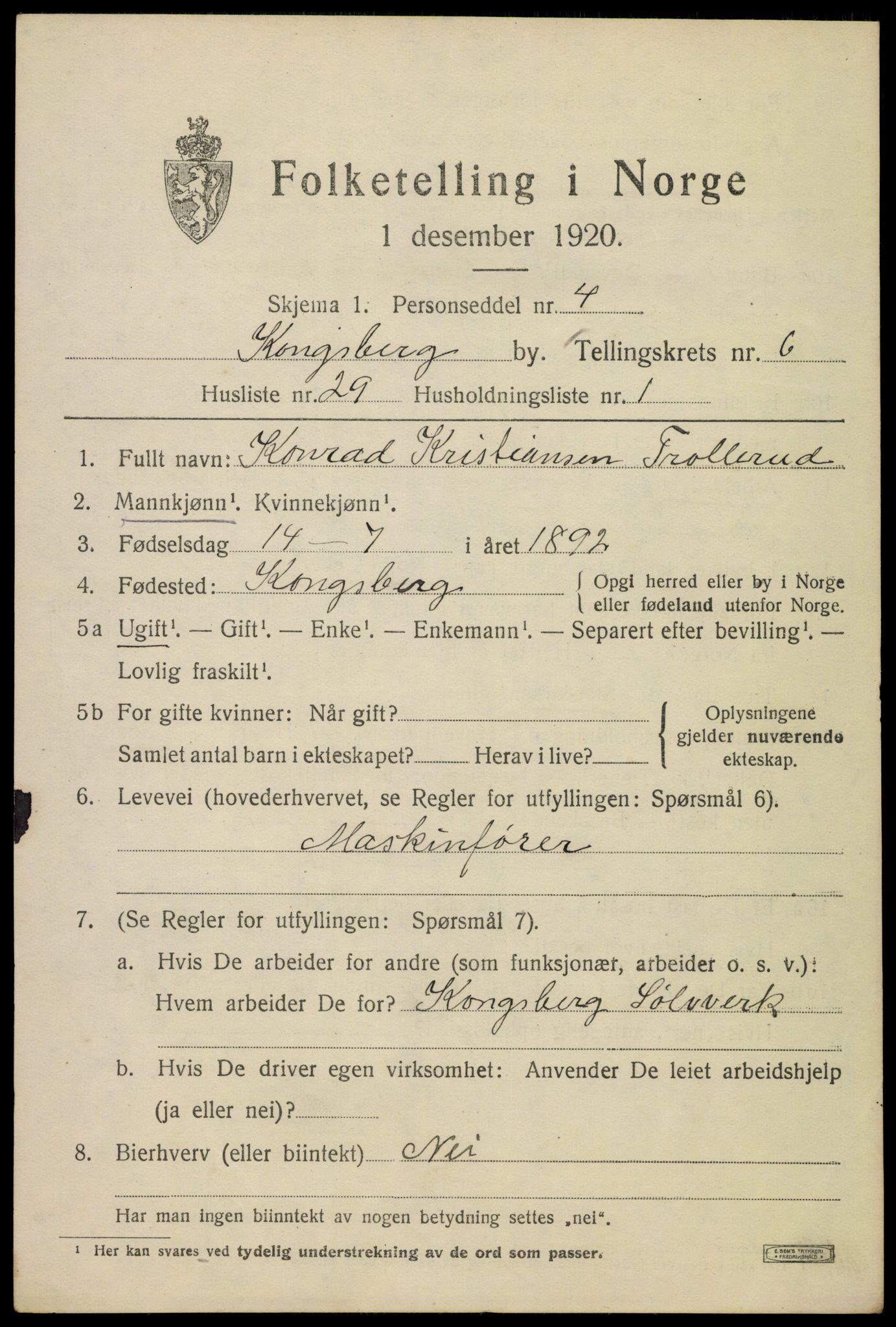 SAKO, 1920 census for Kongsberg, 1920, p. 13898