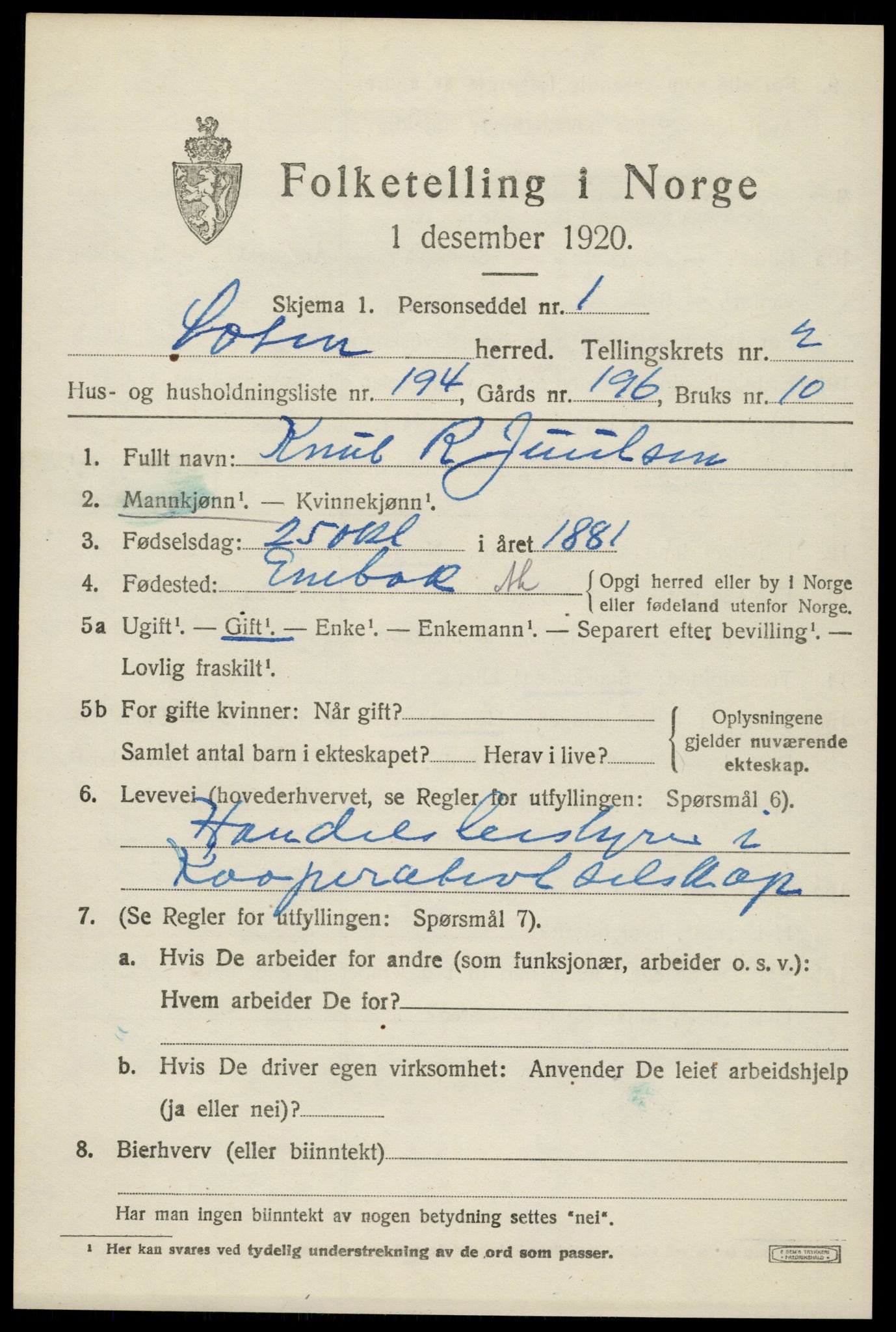 SAH, 1920 census for Løten, 1920, p. 7109