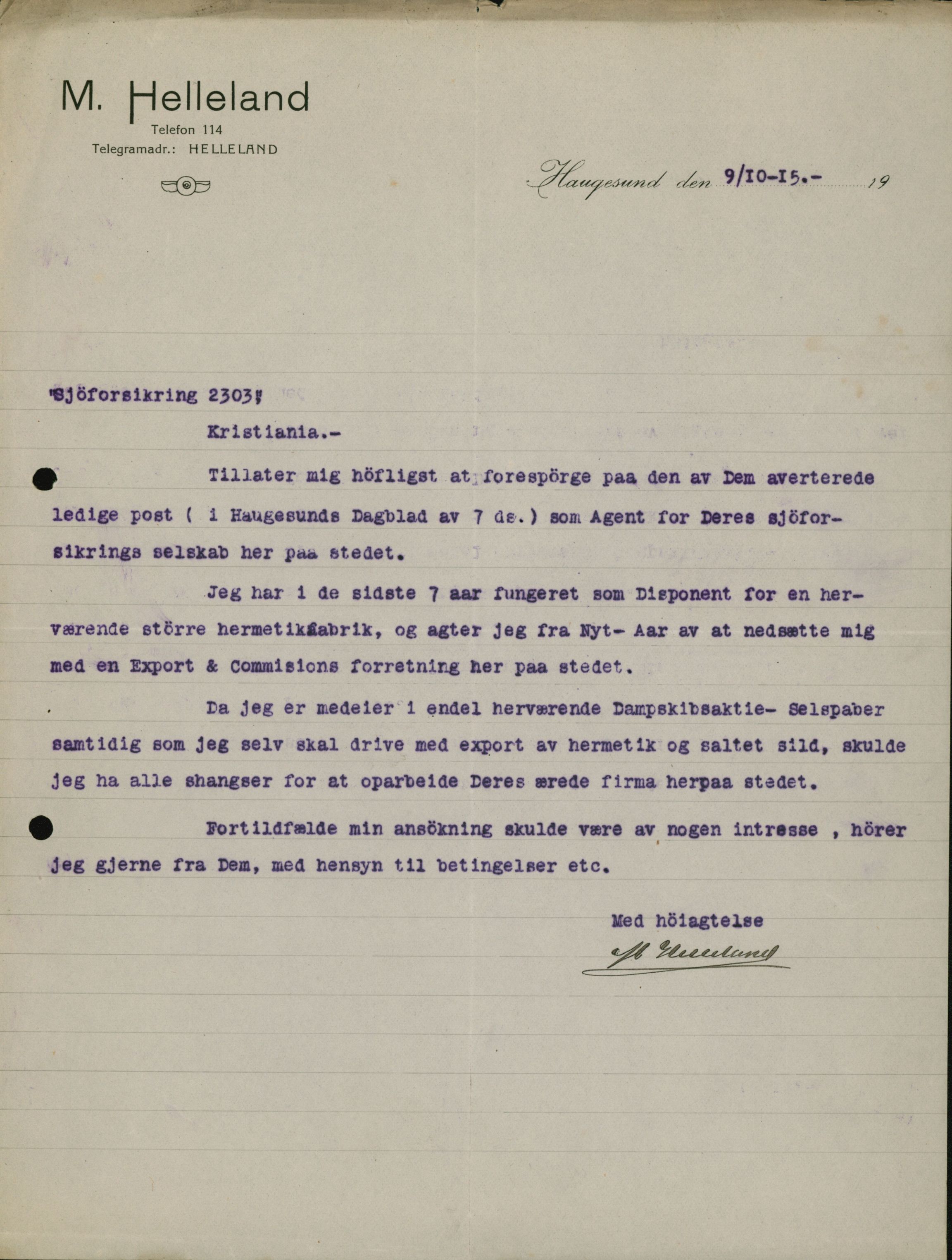 Pa 664 - Tønsberg Sjøforsikringsselskap, VEMU/A-1773/D/Da/L0001: Mai - November
Oscar Aalborg, 1915