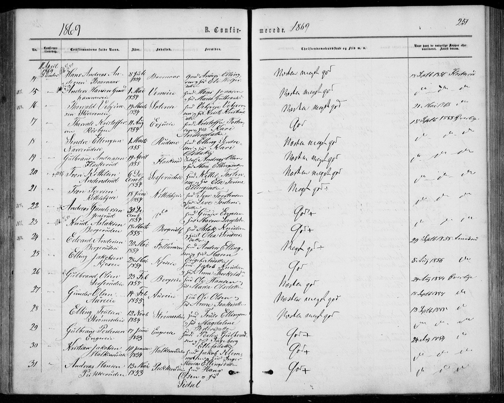 Norderhov kirkebøker, SAKO/A-237/F/Fa/L0013: Parish register (official) no. 13, 1866-1874, p. 251