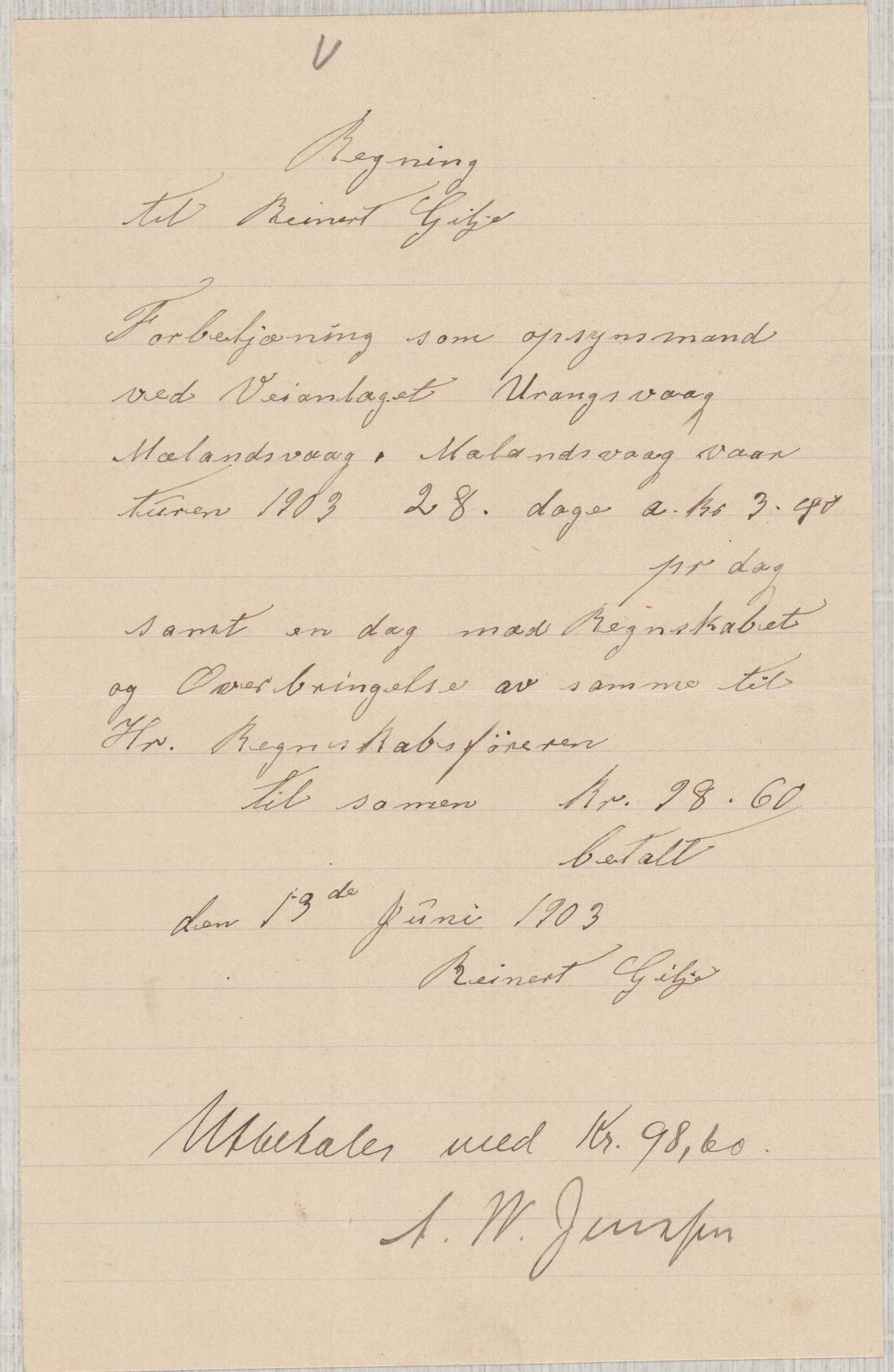 Finnaas kommune. Formannskapet, IKAH/1218a-021/E/Ea/L0002/0002: Rekneskap for veganlegg / Rekneskap for veganlegget Urangsvåg - Mælandsvåg, 1901-1903, p. 143