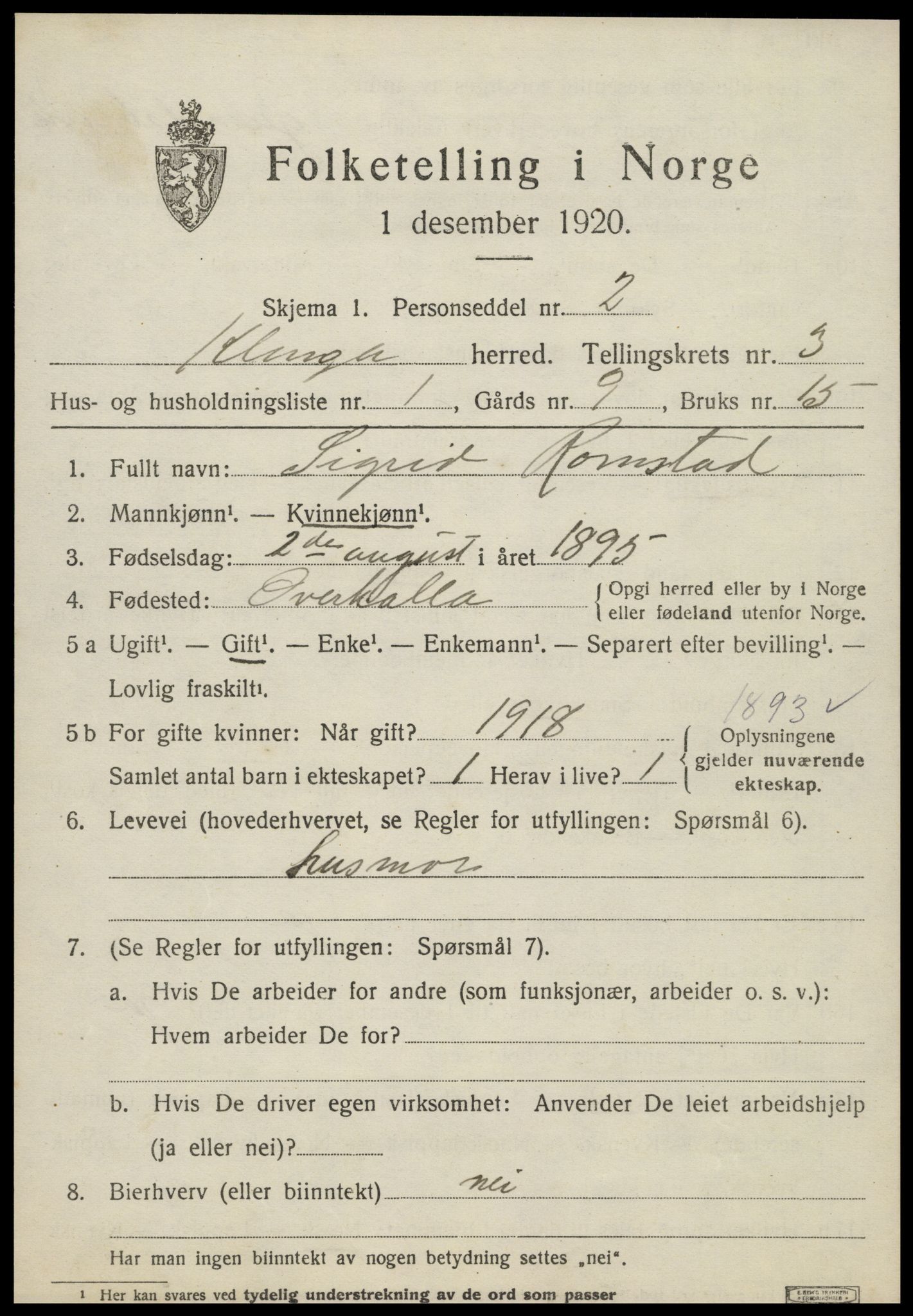SAT, 1920 census for Klinga, 1920, p. 2071