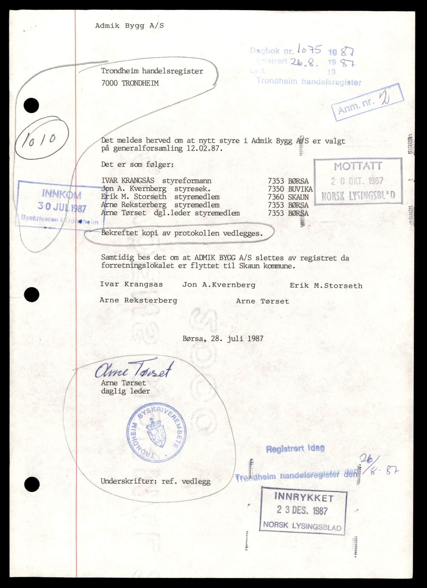 Trondheim byfogd, AV/SAT-A-0003/2/J/Jd/Jdb/L0086: Aksjeselskap, andelslag og borettslag, A-Ben, 1986-1987, p. 1