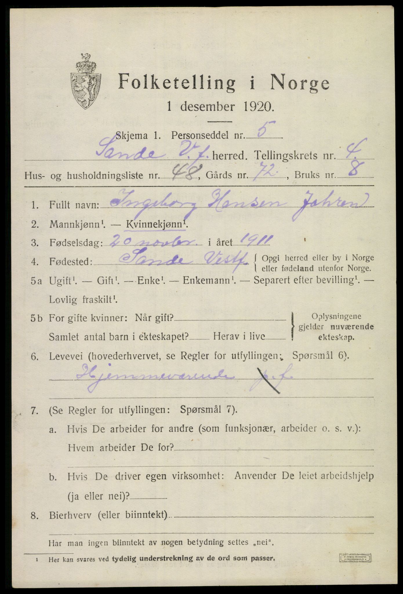 SAKO, 1920 census for Sande, 1920, p. 6126