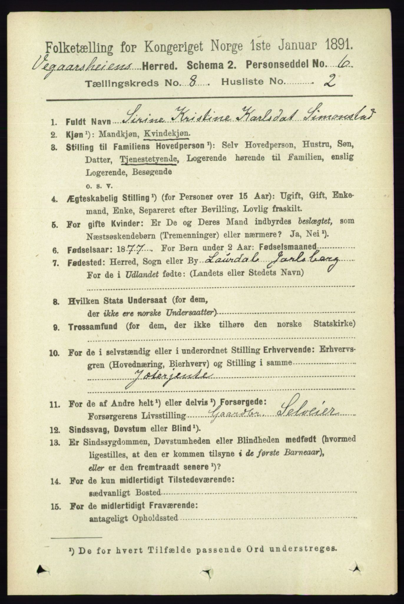 RA, 1891 census for 0912 Vegårshei, 1891, p. 1497