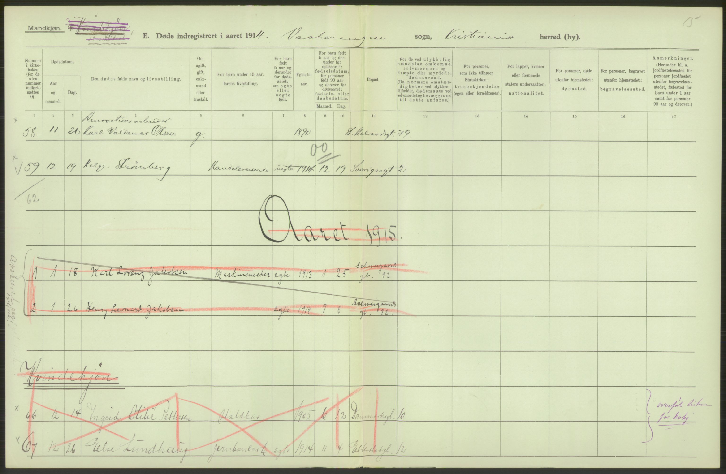 Statistisk sentralbyrå, Sosiodemografiske emner, Befolkning, AV/RA-S-2228/D/Df/Dfb/Dfbd/L0008: Kristiania: Døde, 1914, p. 168