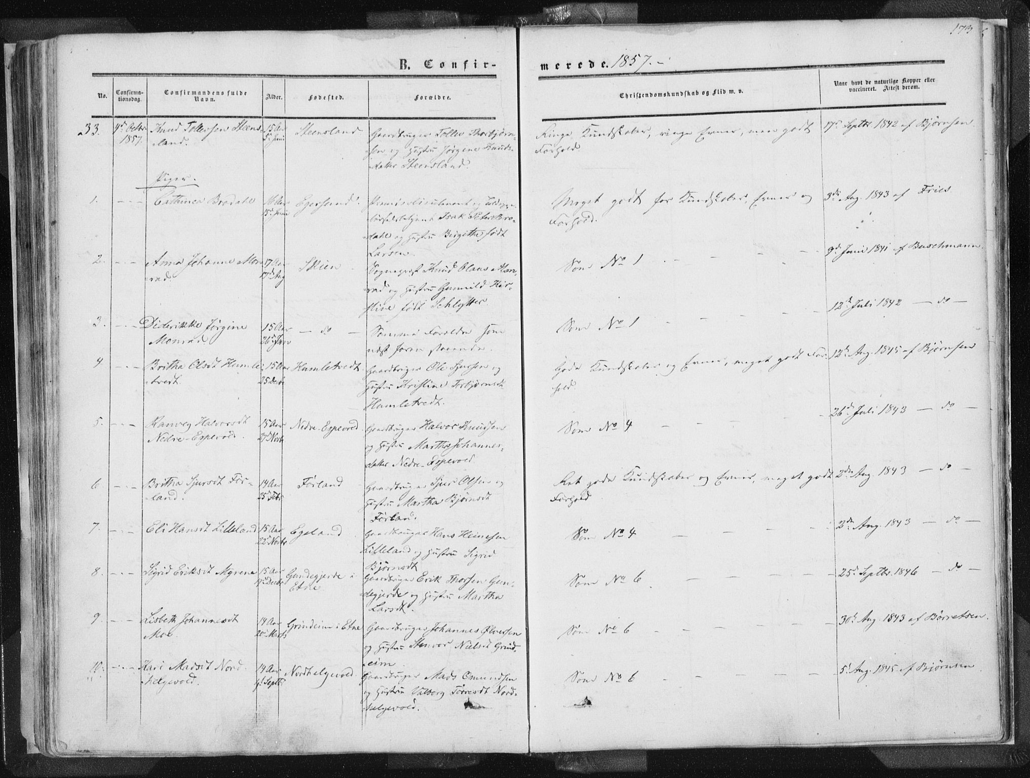 Vikedal sokneprestkontor, AV/SAST-A-101840/01/IV: Parish register (official) no. A 6.1, 1851-1867, p. 173