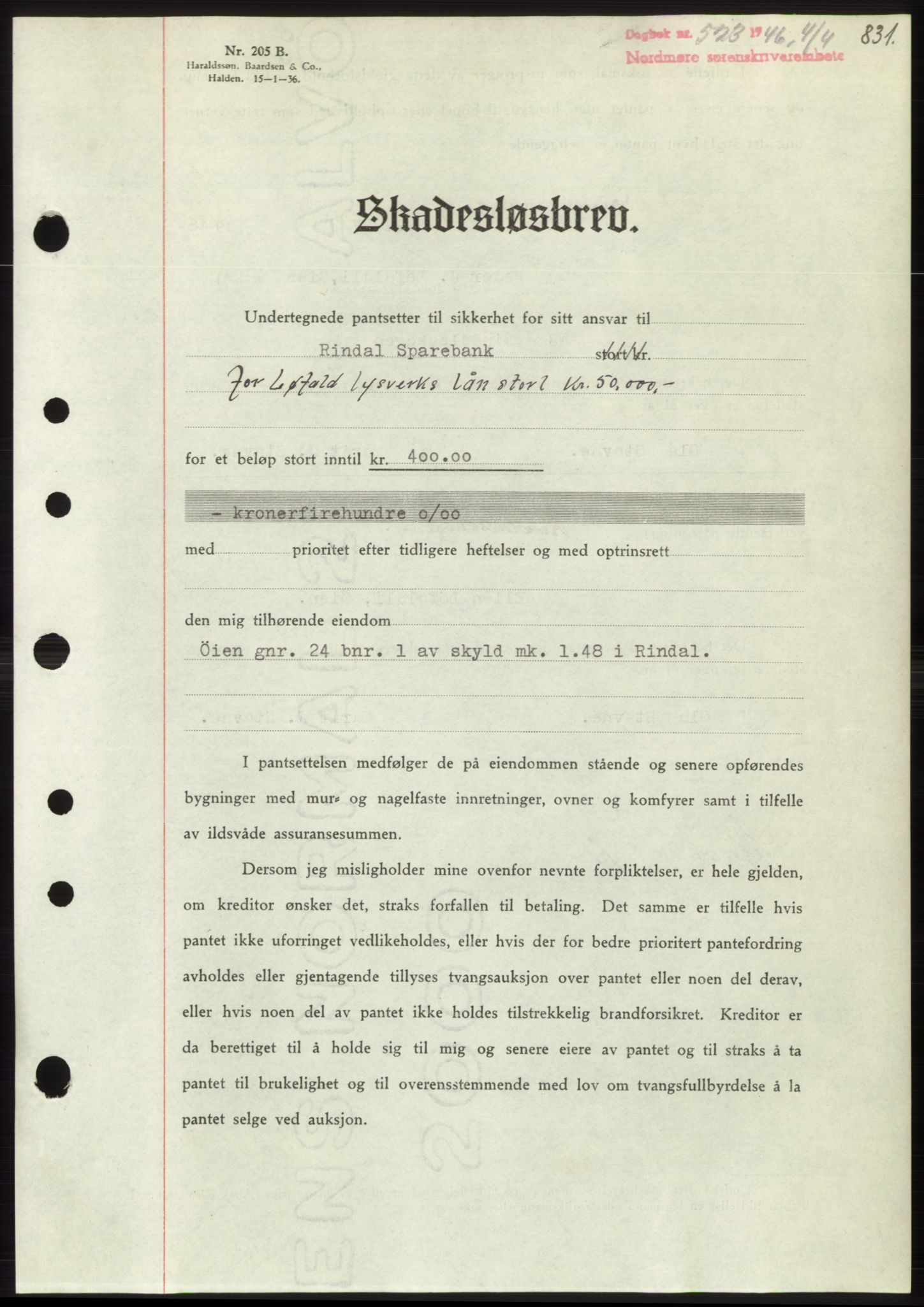 Nordmøre sorenskriveri, AV/SAT-A-4132/1/2/2Ca: Mortgage book no. B93b, 1946-1946, Diary no: : 523/1946