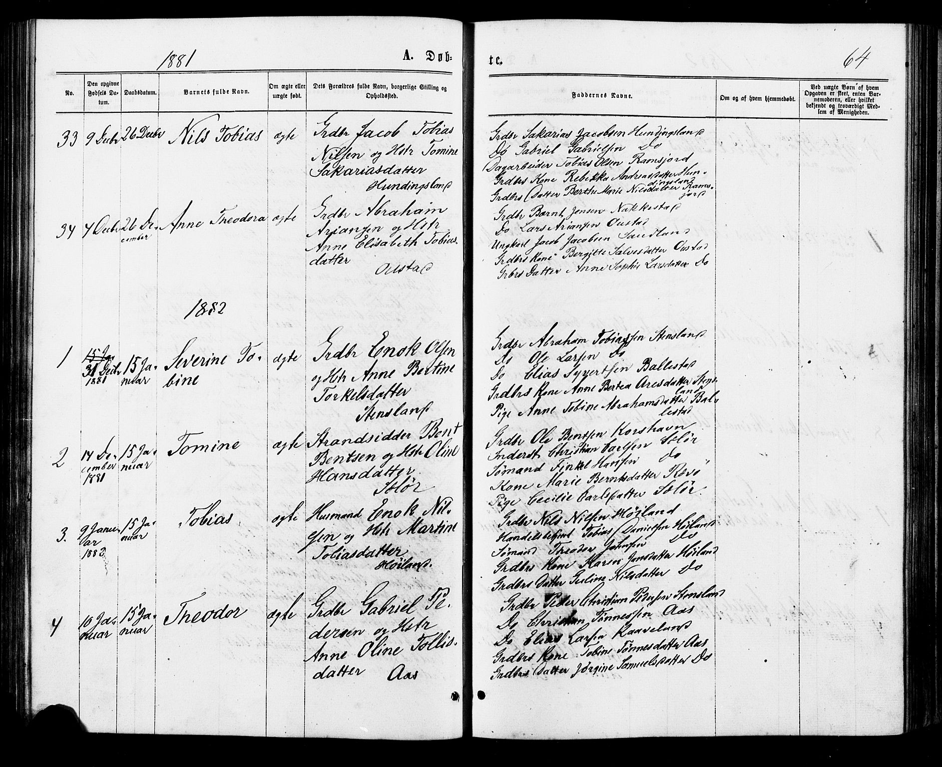 Lyngdal sokneprestkontor, SAK/1111-0029/F/Fa/Faa/L0003: Parish register (official) no. A 3, 1871-1882, p. 64