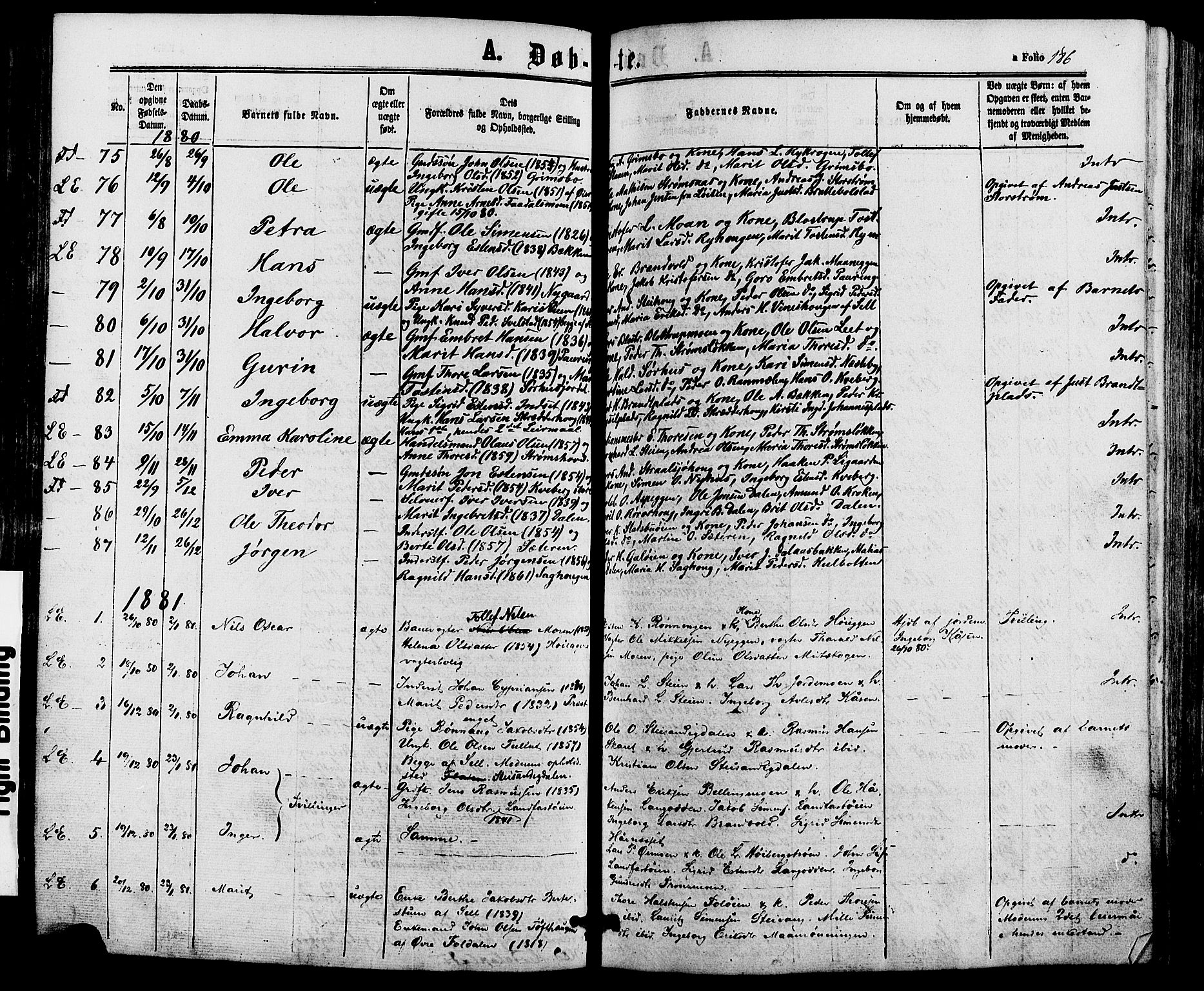 Alvdal prestekontor, AV/SAH-PREST-060/H/Ha/Haa/L0001: Parish register (official) no. 1, 1863-1882, p. 186