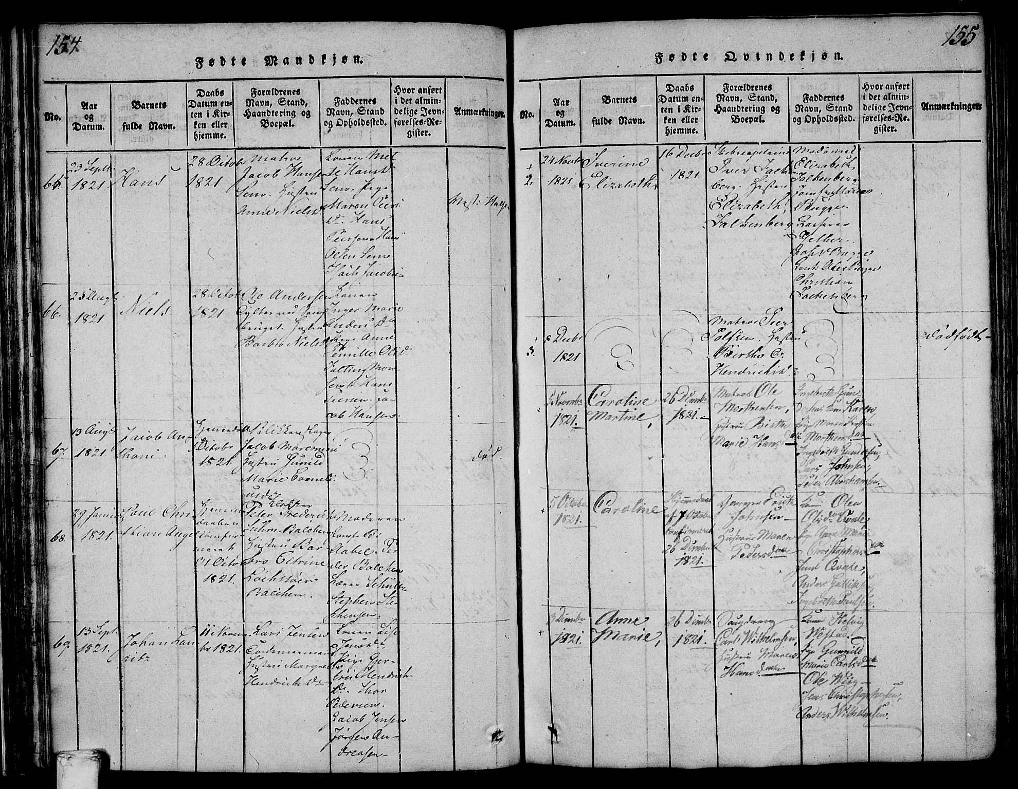 Larvik kirkebøker, AV/SAKO-A-352/F/Fa/L0001: Parish register (official) no. I 1, 1814-1825, p. 154-155