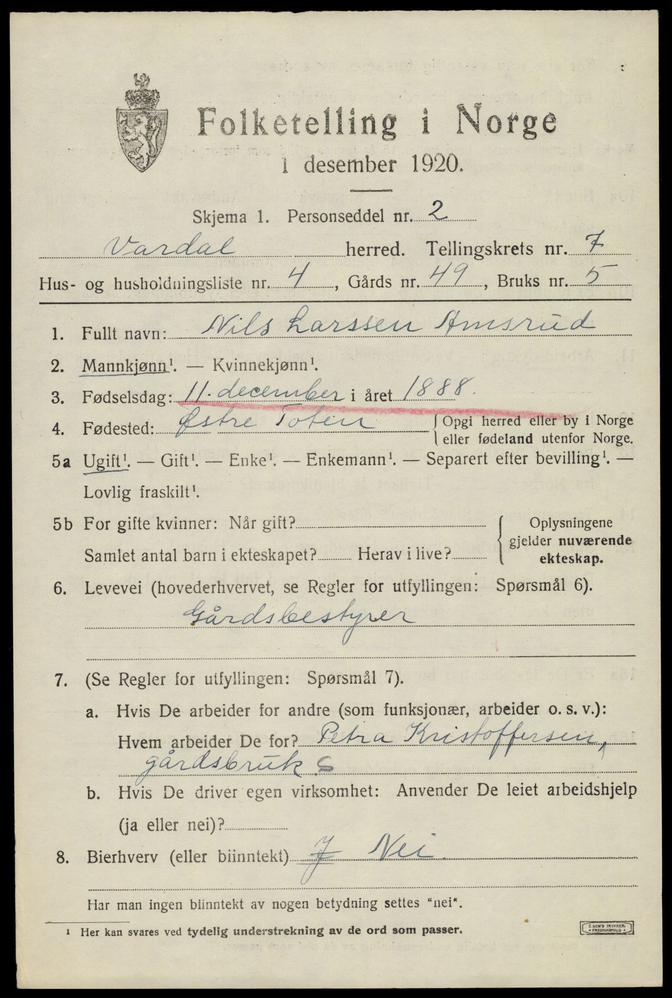 SAH, 1920 census for Vardal, 1920, p. 4881