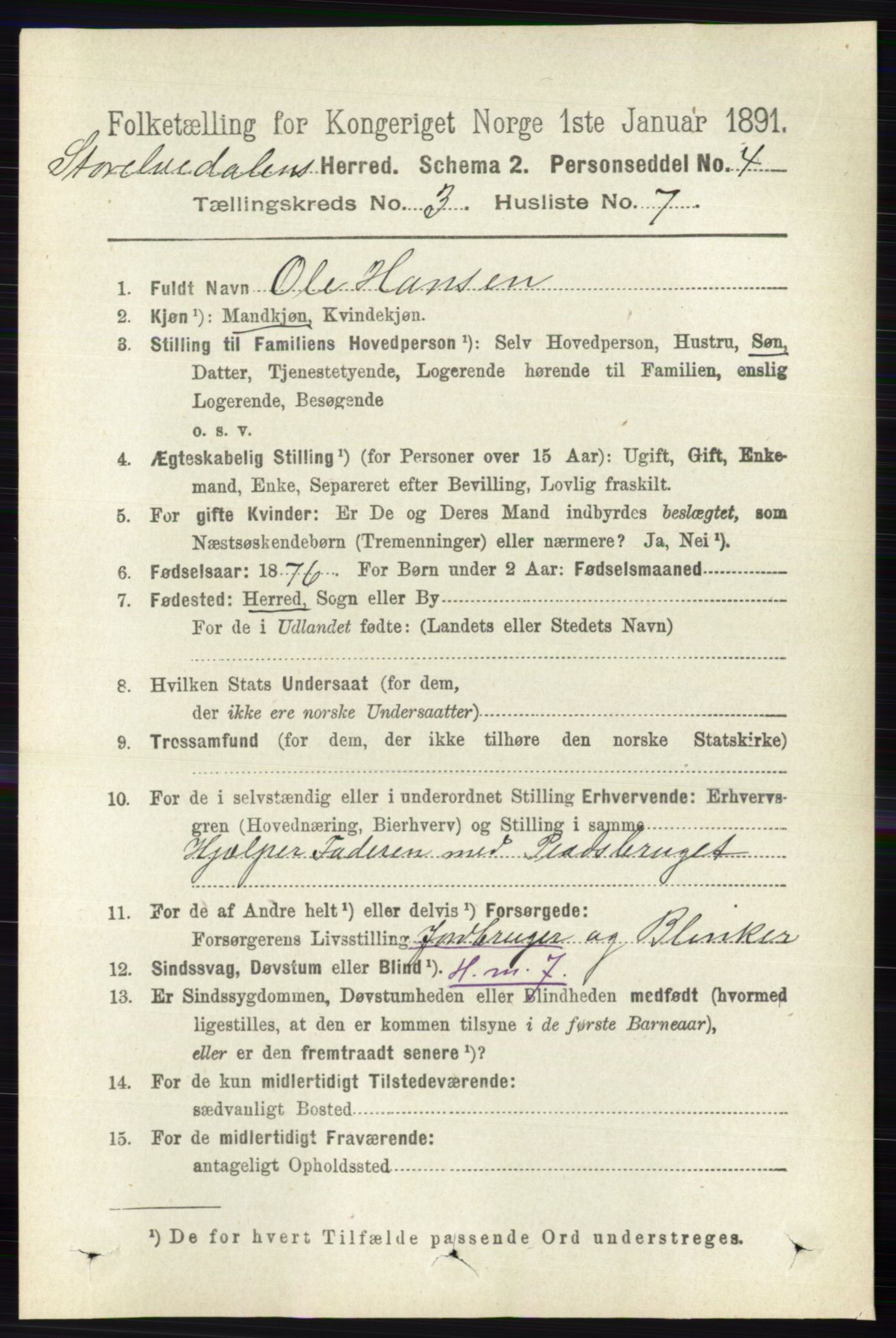 RA, 1891 census for 0430 Stor-Elvdal, 1891, p. 885