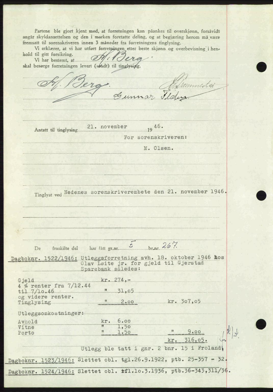 Nedenes sorenskriveri, SAK/1221-0006/G/Gb/Gba/L0056: Mortgage book no. A8, 1946-1947, Diary no: : 1521/1946
