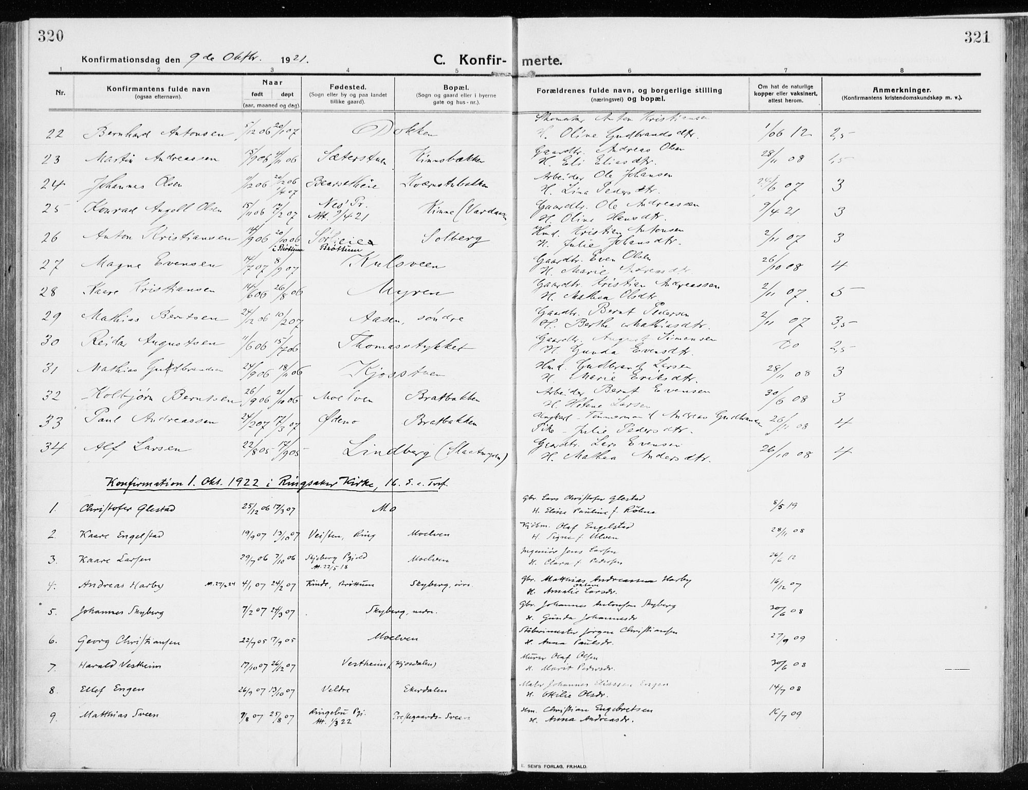 Ringsaker prestekontor, SAH/PREST-014/K/Ka/L0020: Parish register (official) no. 20, 1913-1922, p. 320-321