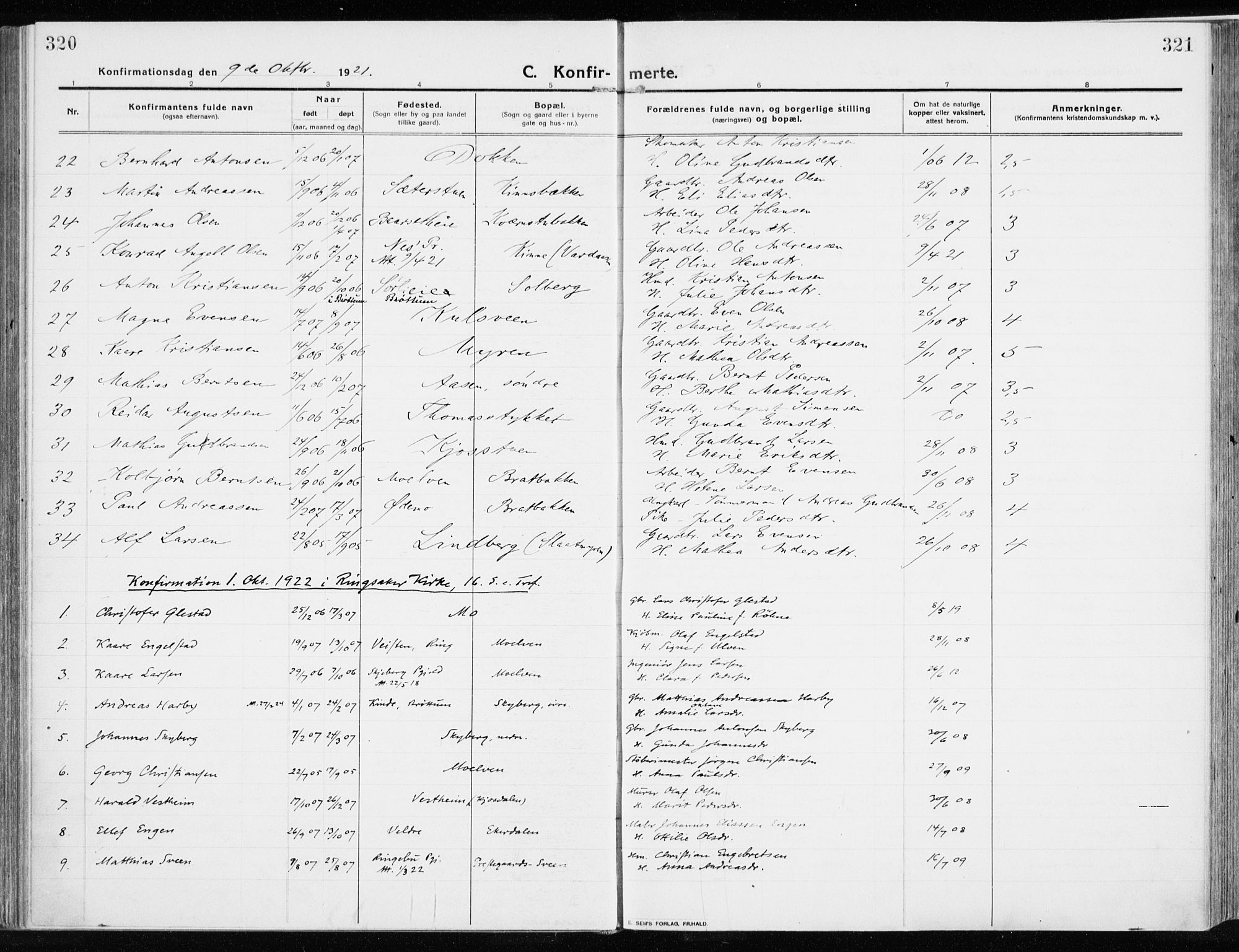 Ringsaker prestekontor, AV/SAH-PREST-014/K/Ka/L0020: Parish register (official) no. 20, 1913-1922, p. 320-321