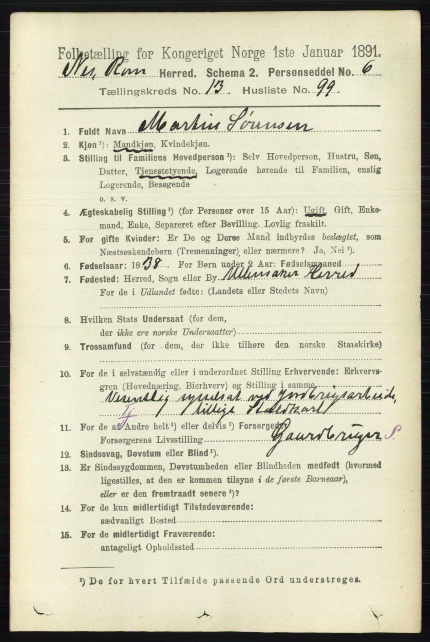 RA, 1891 census for 0236 Nes, 1891, p. 8409