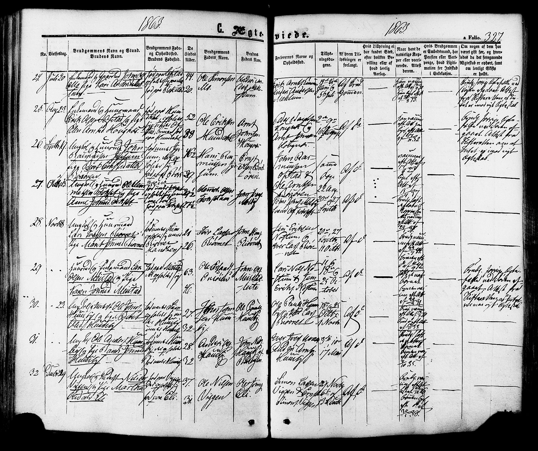 Ministerialprotokoller, klokkerbøker og fødselsregistre - Sør-Trøndelag, SAT/A-1456/665/L0772: Parish register (official) no. 665A07, 1856-1878, p. 327