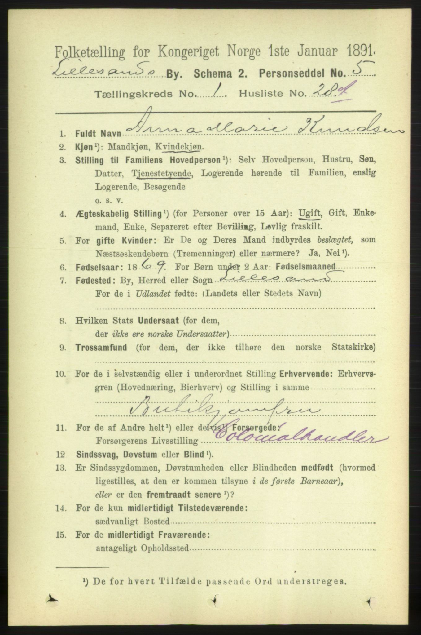 RA, 1891 census for 0905 Lillesand, 1891, p. 175