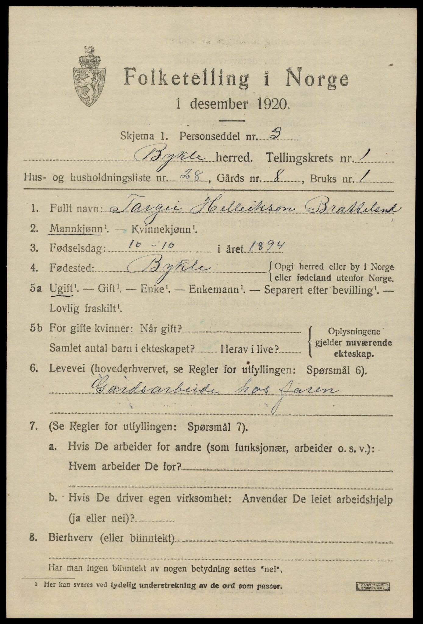 SAK, 1920 census for Bykle, 1920, p. 563