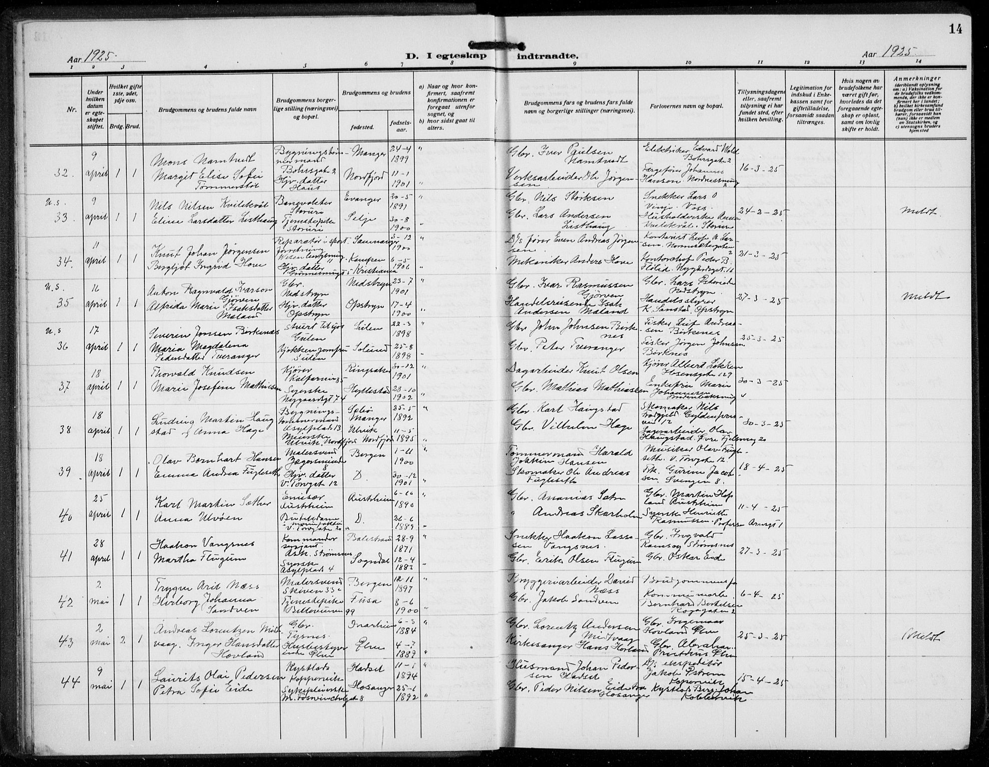 Domkirken sokneprestembete, AV/SAB-A-74801/H/Hab/L0034: Parish register (copy) no. D 6, 1924-1941, p. 14