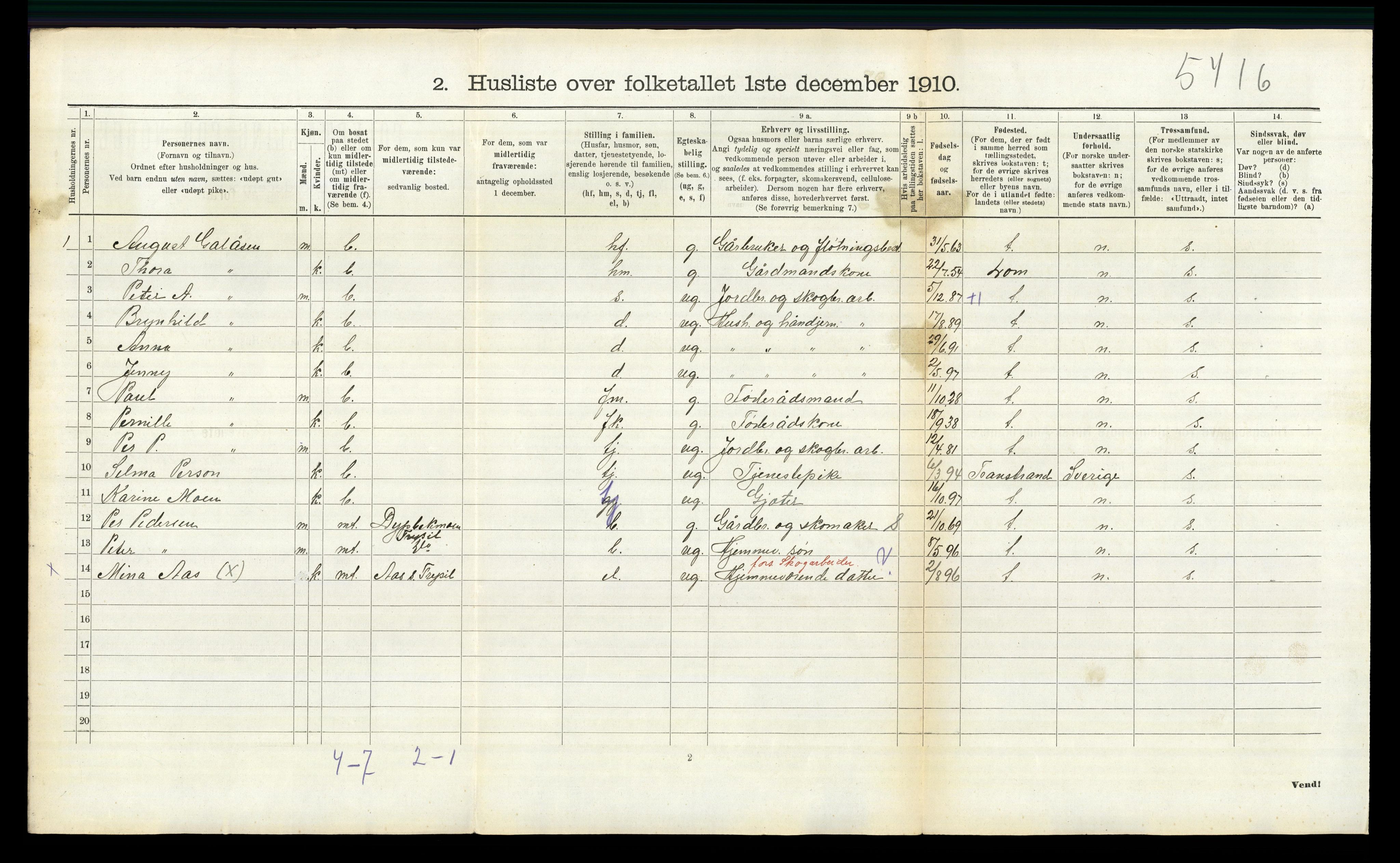 RA, 1910 census for Trysil, 1910, p. 458