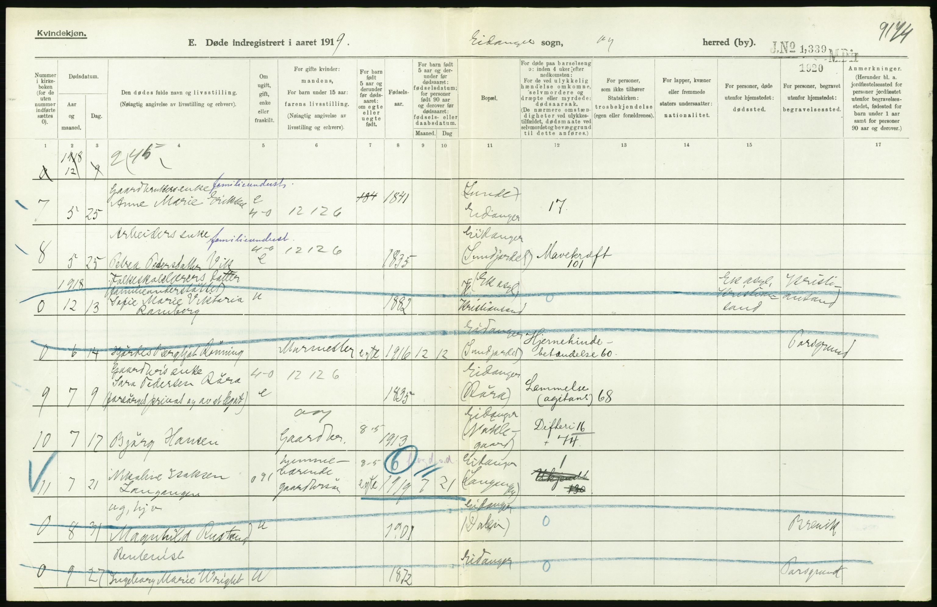 Statistisk sentralbyrå, Sosiodemografiske emner, Befolkning, AV/RA-S-2228/D/Df/Dfb/Dfbi/L0023: Telemark fylke: Døde. Bygder og byer., 1919, p. 210