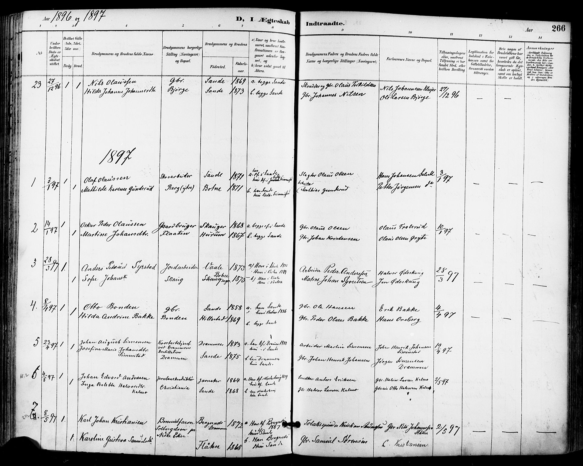 Sande Kirkebøker, SAKO/A-53/F/Fa/L0007: Parish register (official) no. 7, 1888-1903, p. 266