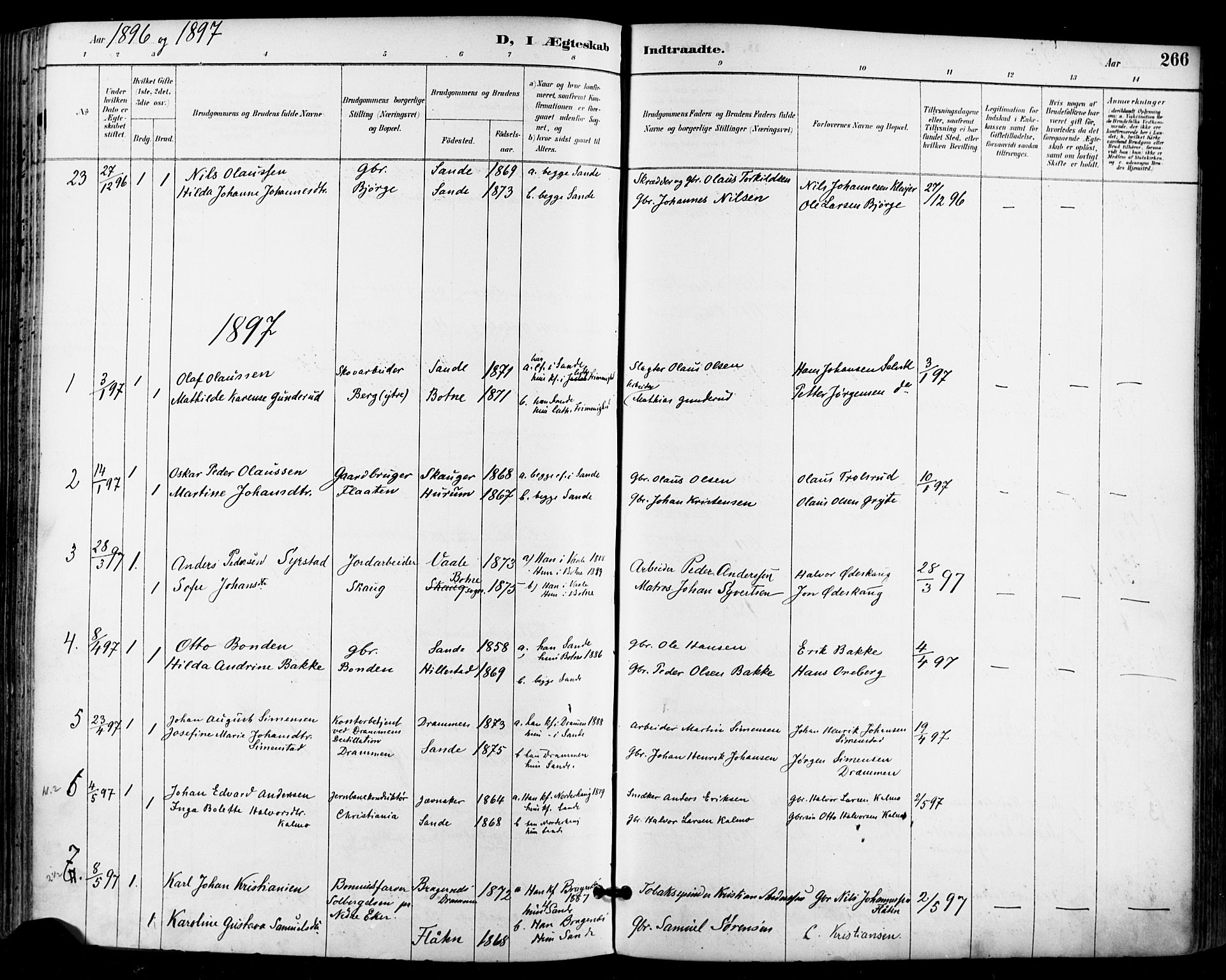 Sande Kirkebøker, AV/SAKO-A-53/F/Fa/L0007: Parish register (official) no. 7, 1888-1903, p. 266