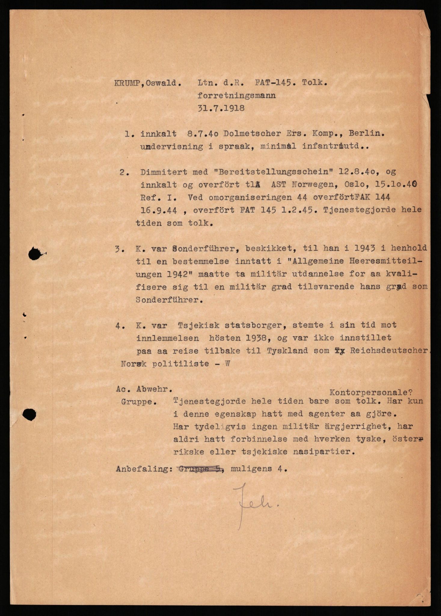 Forsvaret, Forsvarets overkommando II, RA/RAFA-3915/D/Db/L0041: CI Questionaires.  Diverse nasjonaliteter., 1945-1946, p. 245