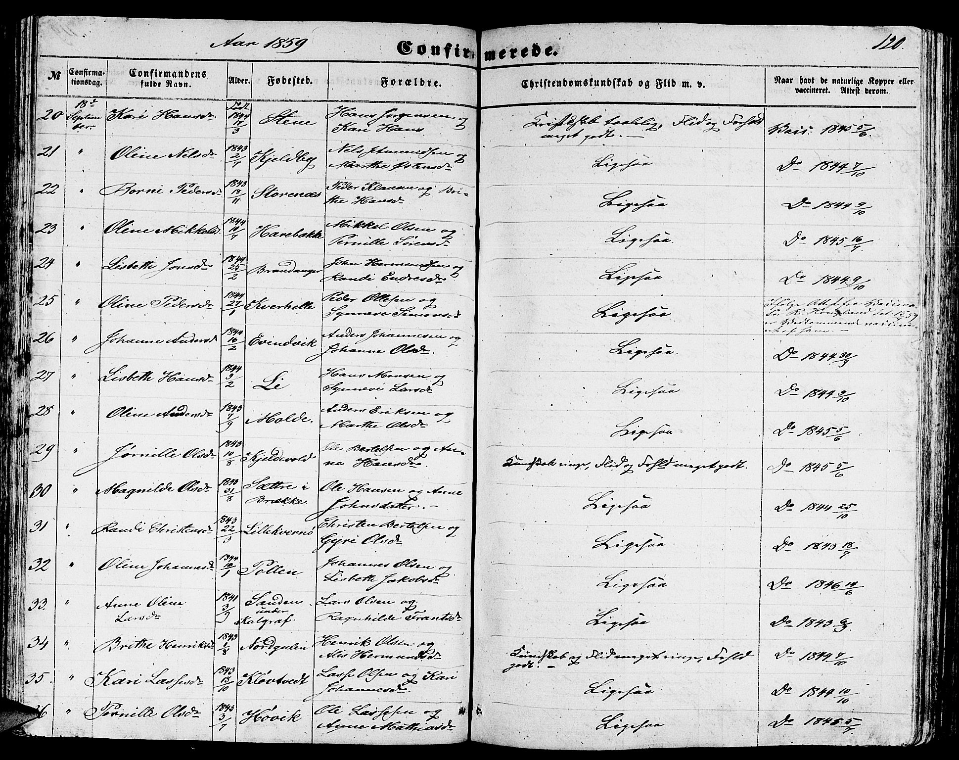 Gulen sokneprestembete, AV/SAB-A-80201/H/Hab/Habb/L0001: Parish register (copy) no. B 1, 1854-1866, p. 120