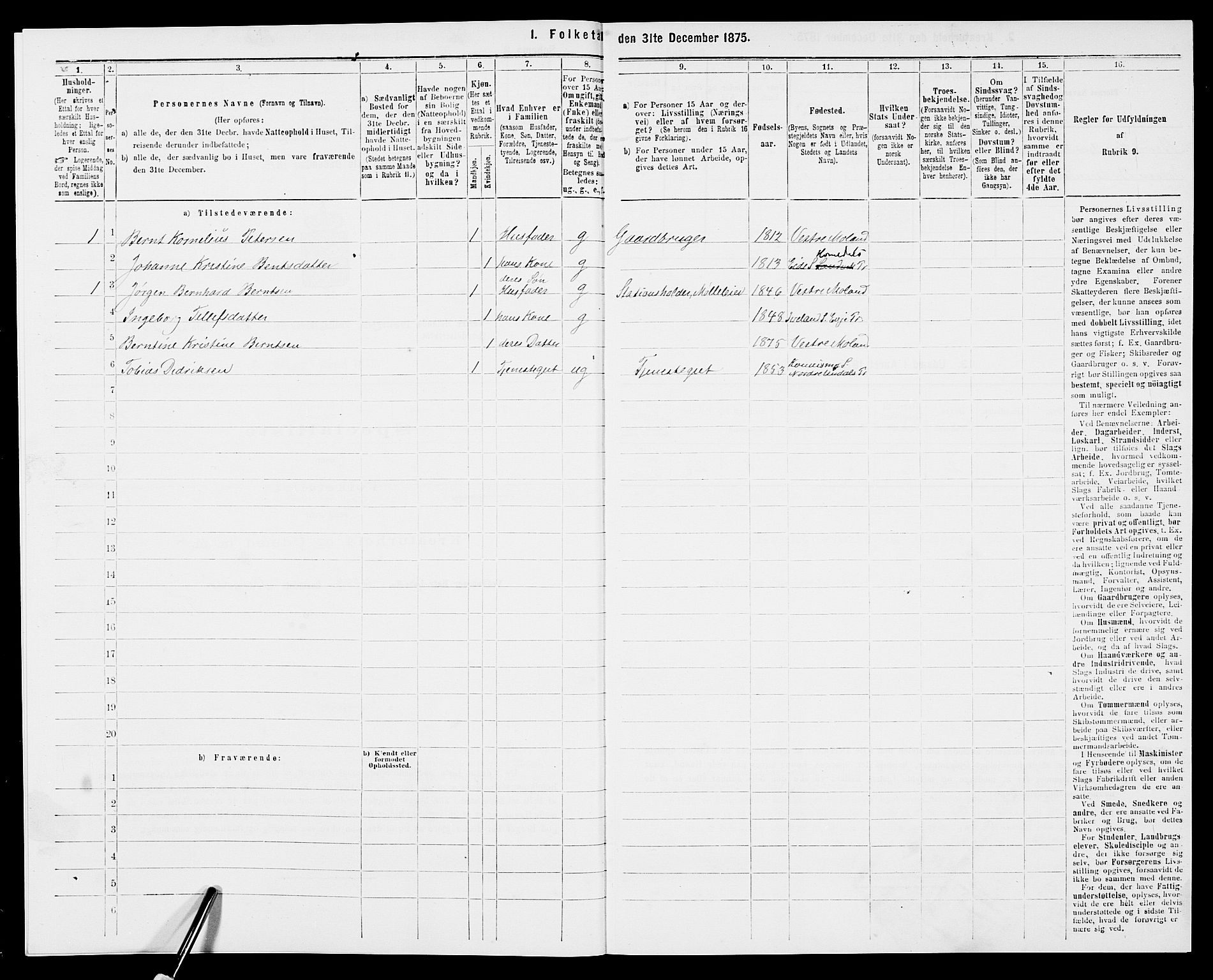 SAK, 1875 census for 0926L Vestre Moland/Vestre Moland, 1875, p. 285