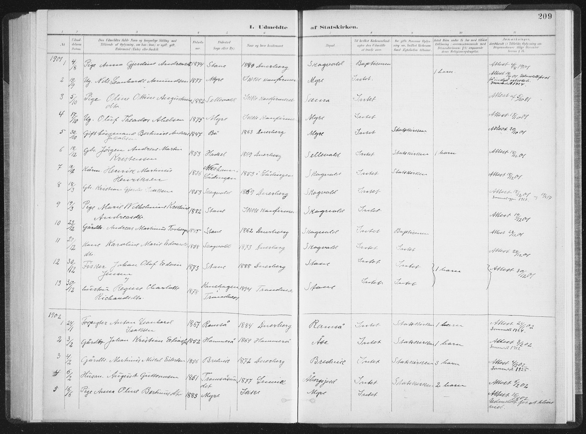 Ministerialprotokoller, klokkerbøker og fødselsregistre - Nordland, SAT/A-1459/897/L1400: Parish register (official) no. 897A07, 1897-1908, p. 209