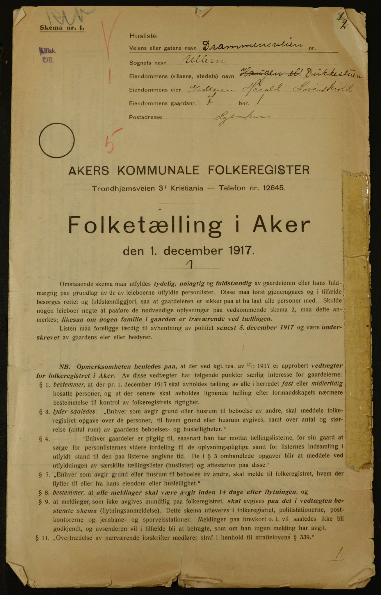 OBA, Municipal Census 1917 for Aker, 1917, p. 1306