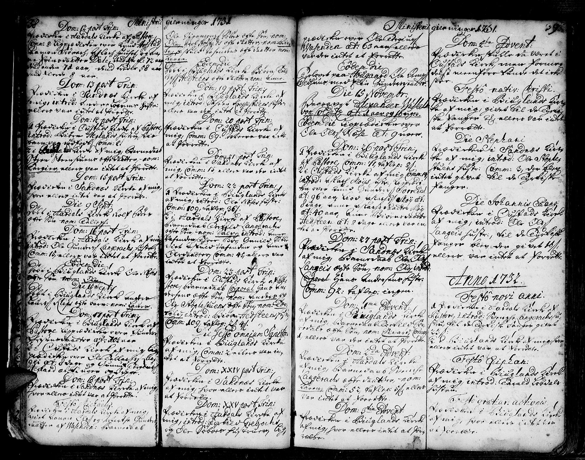 Bygland sokneprestkontor, AV/SAK-1111-0006/F/Fa/Fab/L0001: Parish register (official) no. A 1, 1725-1766, p. 38-39