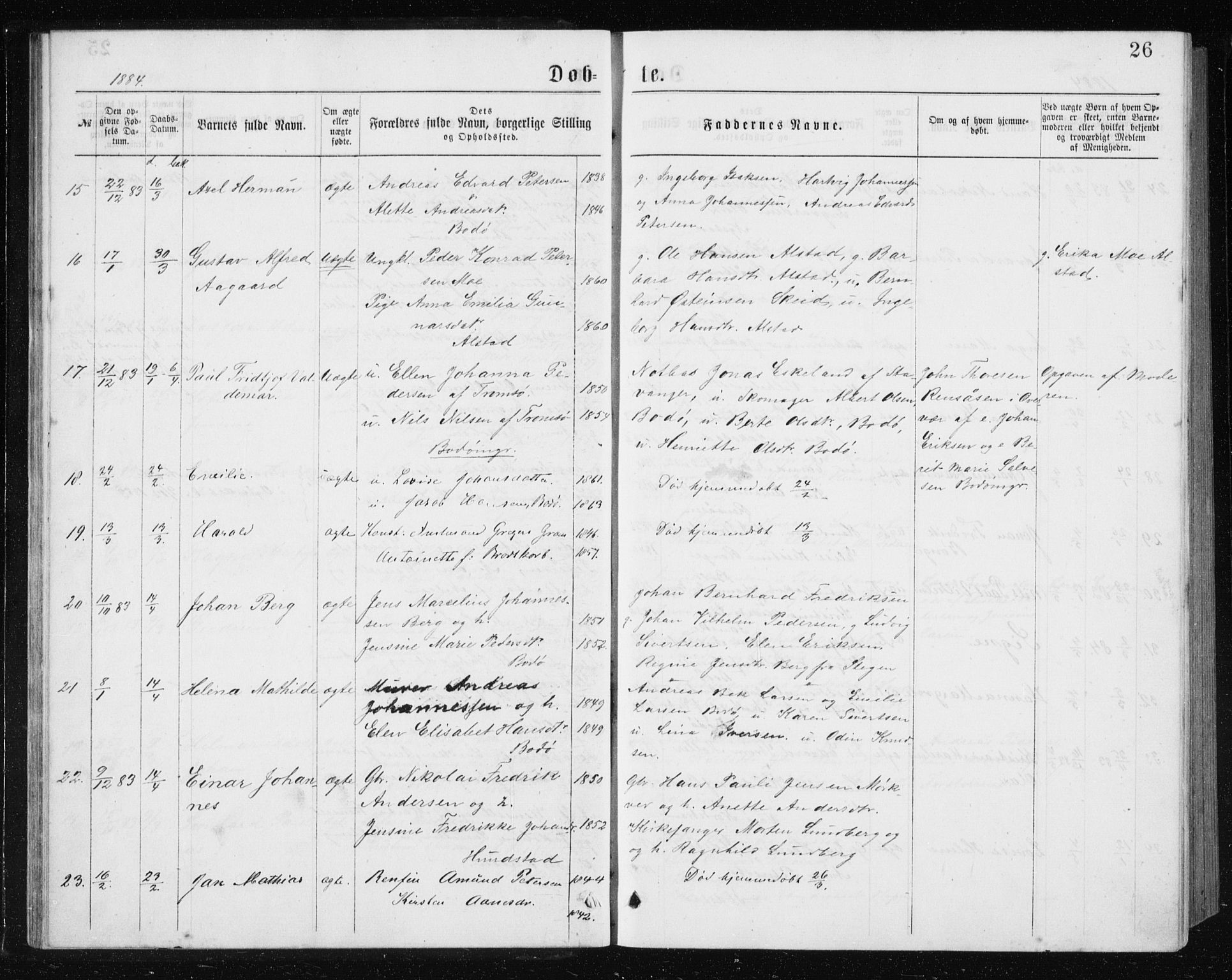 Ministerialprotokoller, klokkerbøker og fødselsregistre - Nordland, AV/SAT-A-1459/801/L0031: Parish register (copy) no. 801C06, 1883-1887, p. 26