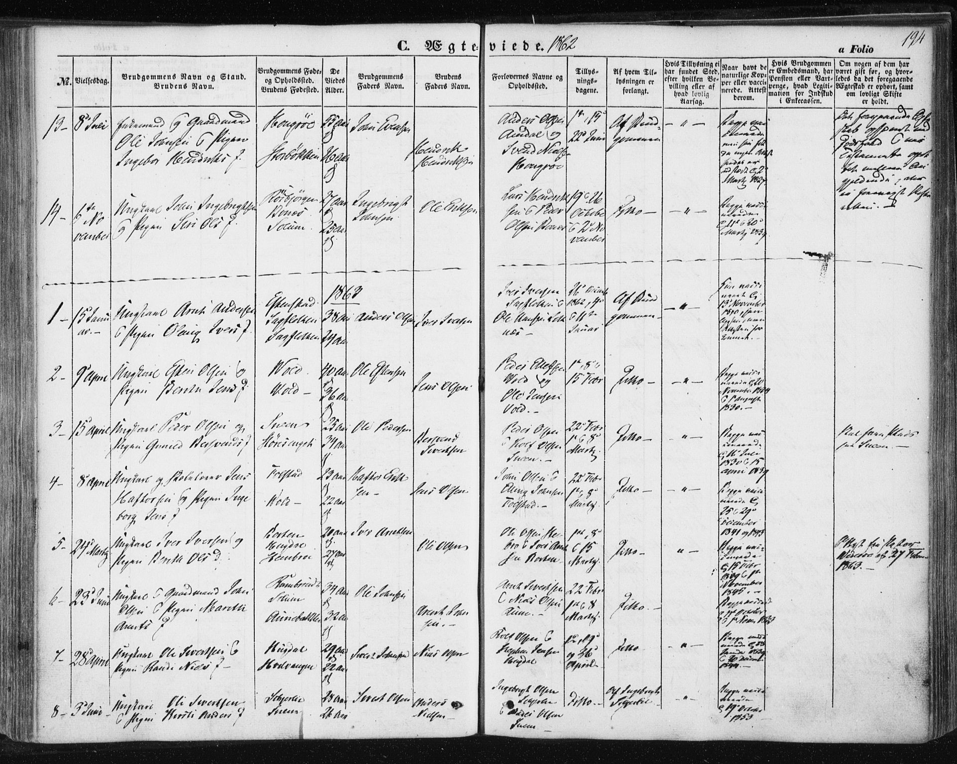 Ministerialprotokoller, klokkerbøker og fødselsregistre - Sør-Trøndelag, SAT/A-1456/687/L1000: Parish register (official) no. 687A06, 1848-1869, p. 194