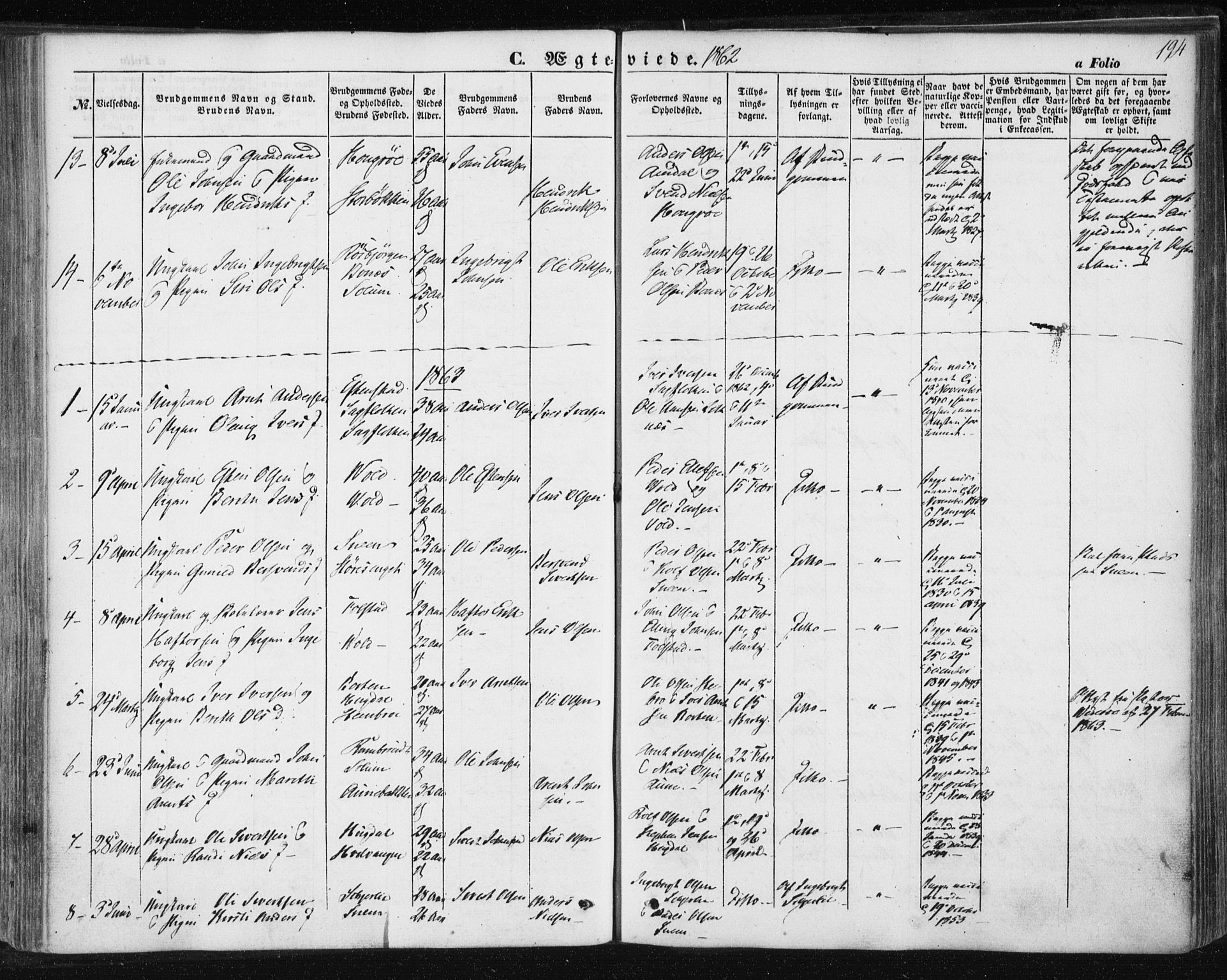Ministerialprotokoller, klokkerbøker og fødselsregistre - Sør-Trøndelag, AV/SAT-A-1456/687/L1000: Parish register (official) no. 687A06, 1848-1869, p. 194
