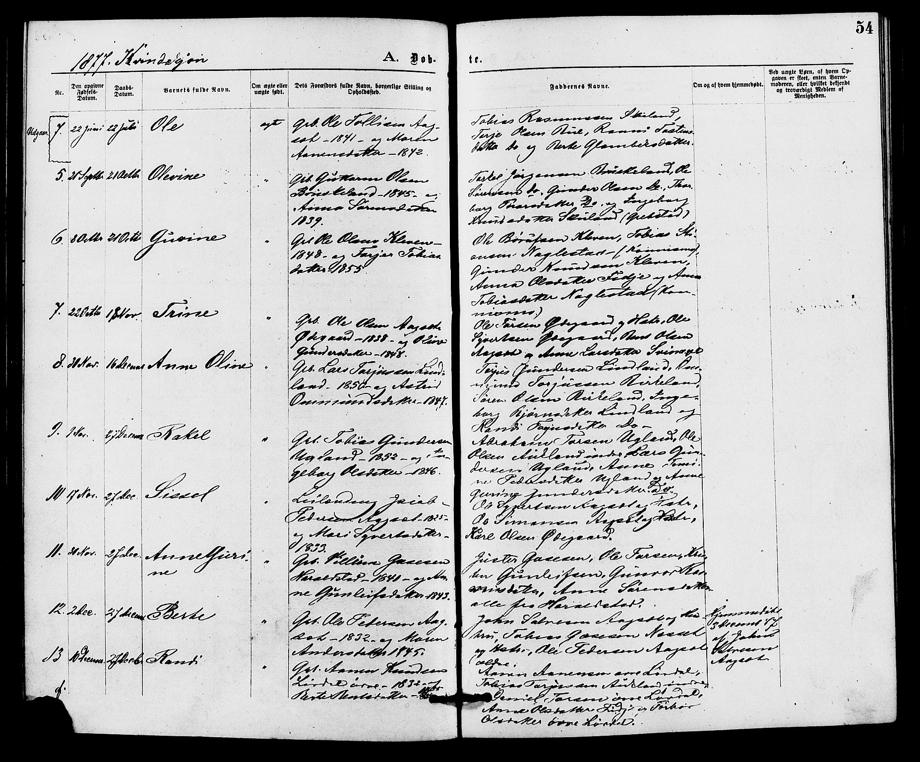 Holum sokneprestkontor, SAK/1111-0022/F/Fa/Fab/L0006: Parish register (official) no. A 6, 1875-1886, p. 54